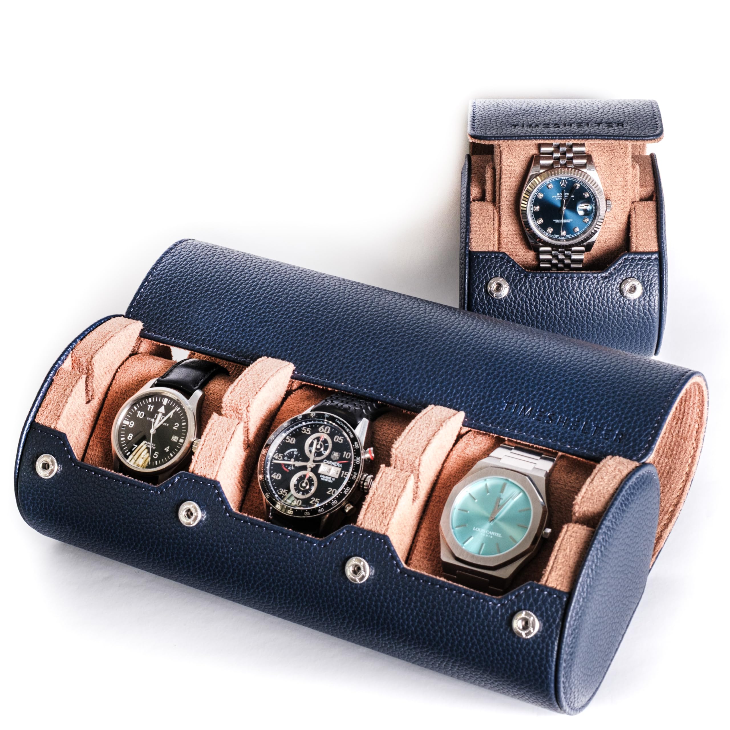 Uhrenbox für 3 Uhren – Uhrenetui Reise & Aufbewahrung aus Kunstleder mit Samt-Innenfutter, Uhrenkoffer Herren, Schmuckkasten, Geschenkbox – Marineblau