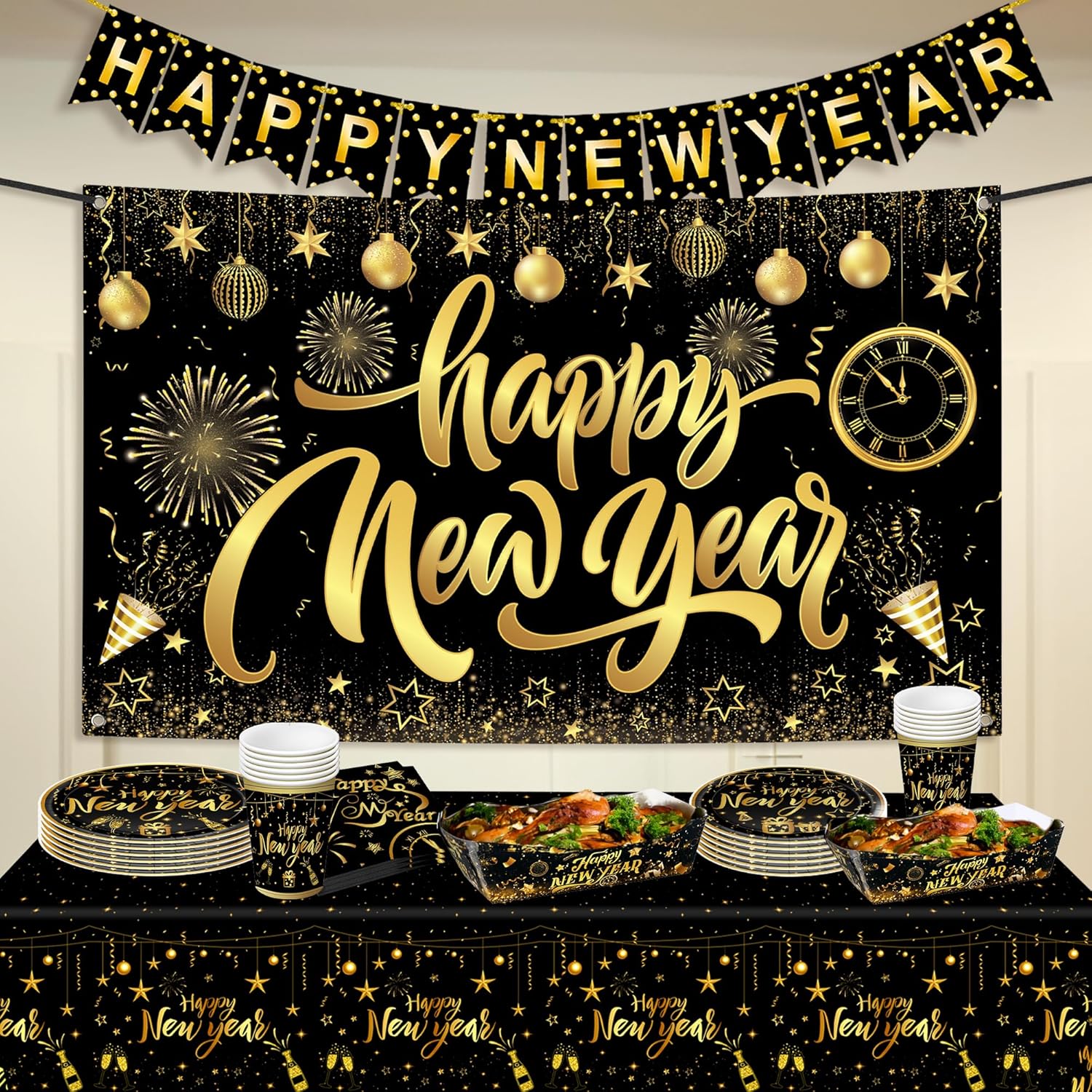 KatchOn, Huge New Years Table Decorations Set - Pack of 117 | Happy New Years Eve Party Supplies 2026 | Happy New Year Banner, NYE Tableware Set for Happy New Year Table Decorations, Nye Backdrop