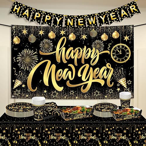 KatchOn Suministros para fiestas de Año Nuevo: platos, servilletas, tazas para 25 invitados | Cartel y decoraciones de Feliz Año Nuevo 2025