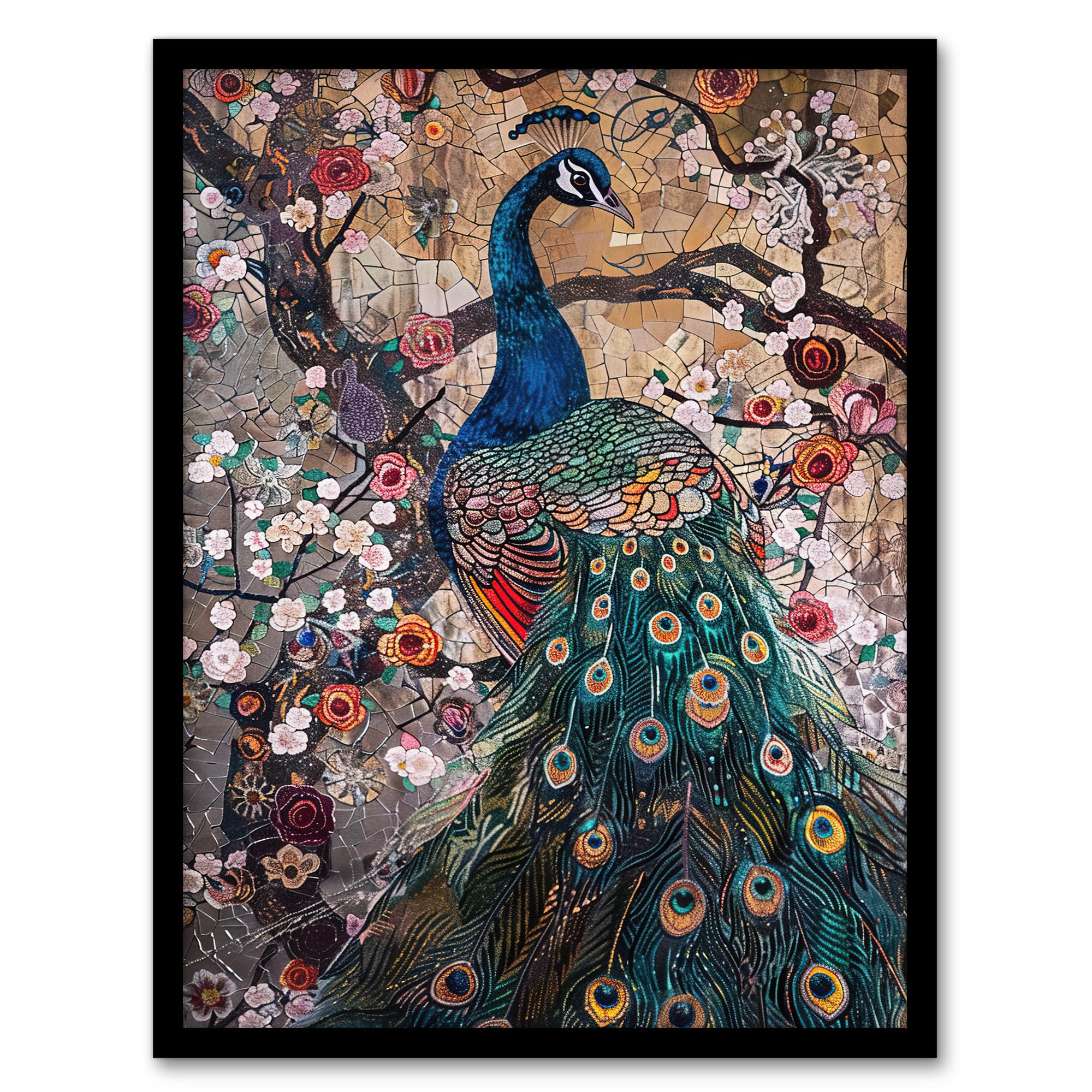 Artery8 Mosaic Peacock in Flowers Tree Detailed Artwork Living Room Artwork Framed Wall Art Print A4