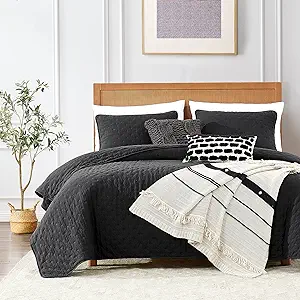 ROARINGWILD Black King Size Quilt Bedding Sets with Pillow Shams, Lightweight Soft Bedspread Coverlet, Quilted Blanket Thin Comforter Bed Cover, All Season, 3 Pieces, 104x90 inches