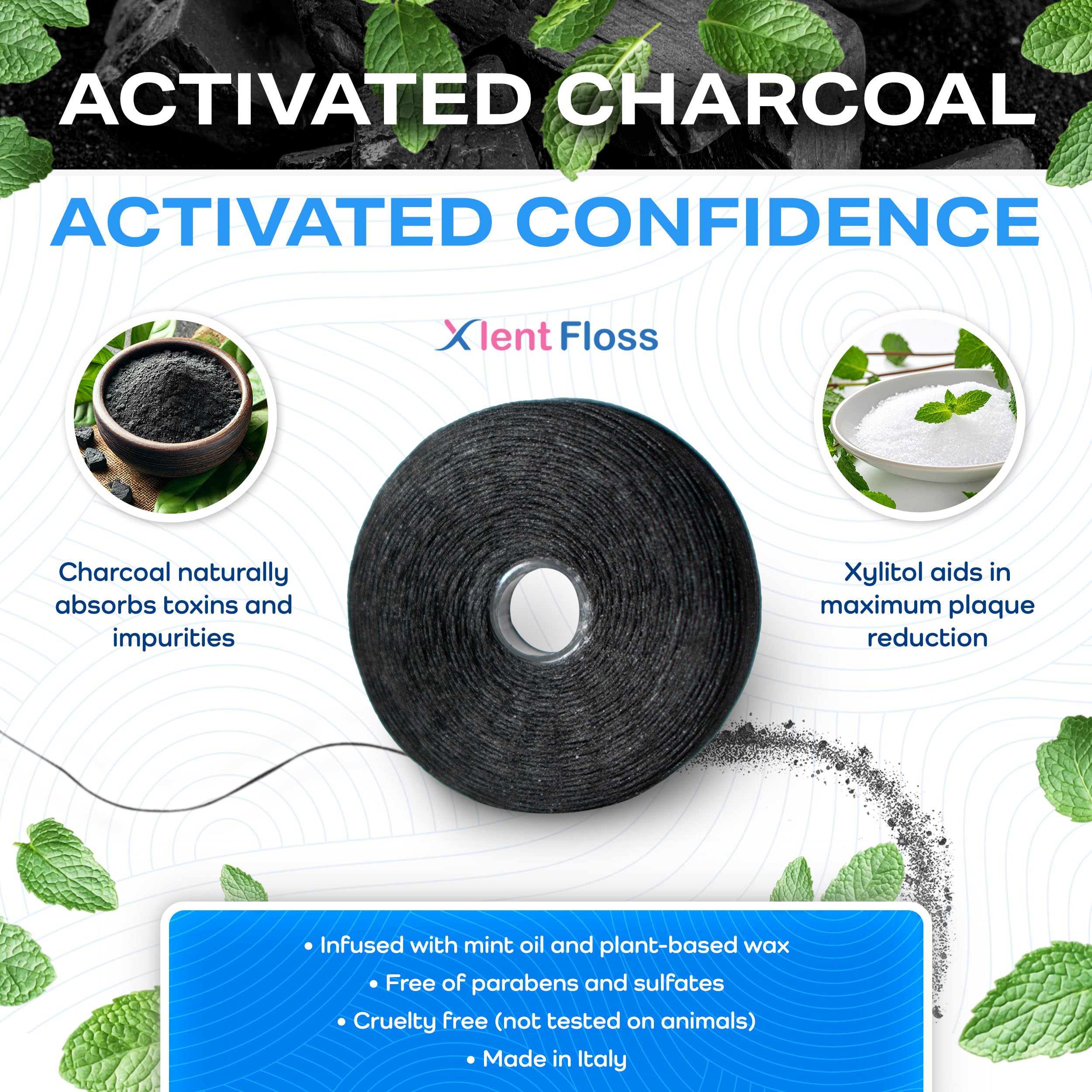 Hilo extensible tratado con carbón activado, xilitol y cera natural a base de plantas | sabor a menta fresca | 3 unidades (1 50 m hilo en contenedor azul más 2 50 m bobinas de recambio)
