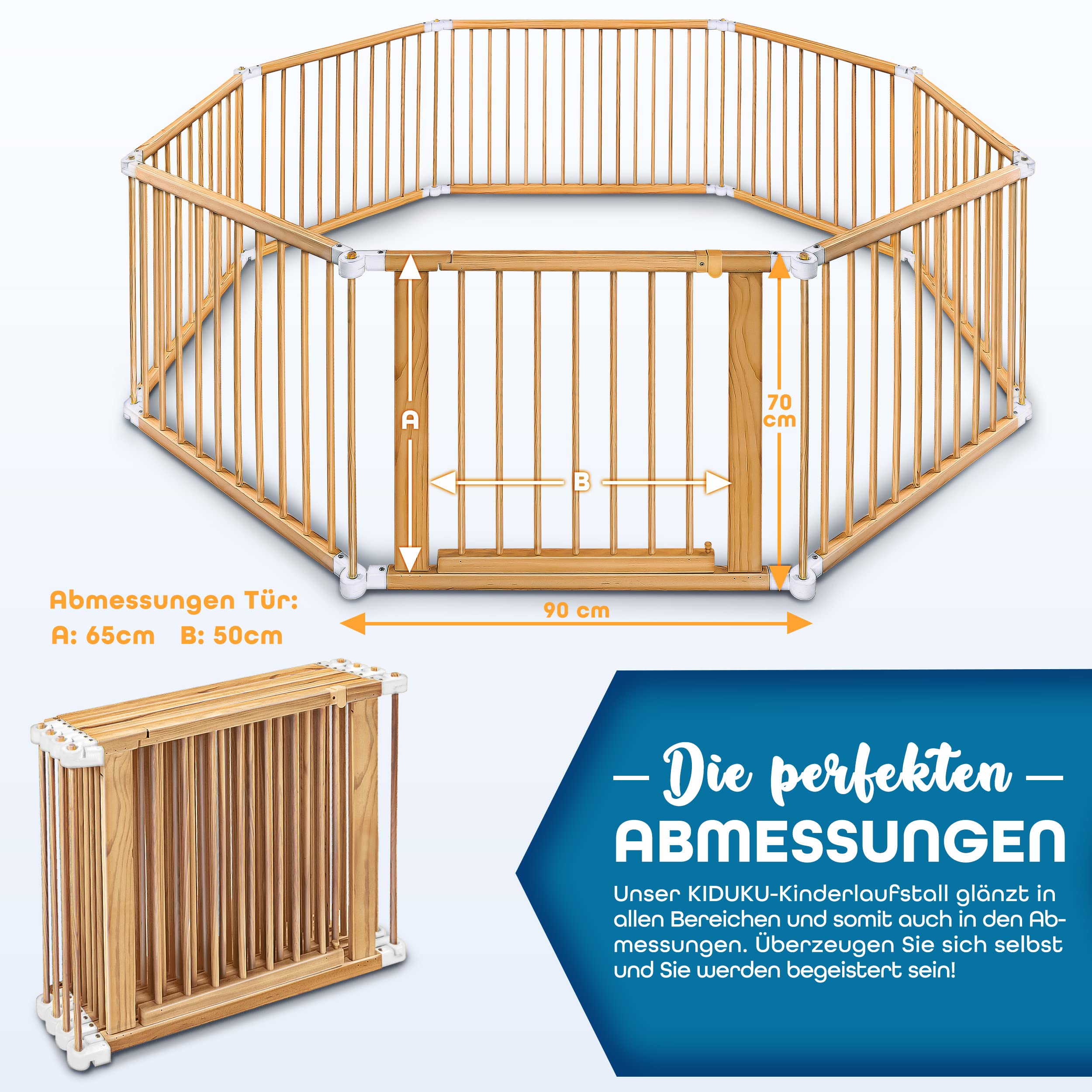 KIDUKU® 7,2 Meter Baby Laufgitter XXL klappbar inkl. Tür | Laufstall mit doppelter Sicherung | Absperrgitter für Kinder inkl. 8 Elementen | Krabbelgitter individuell formbar