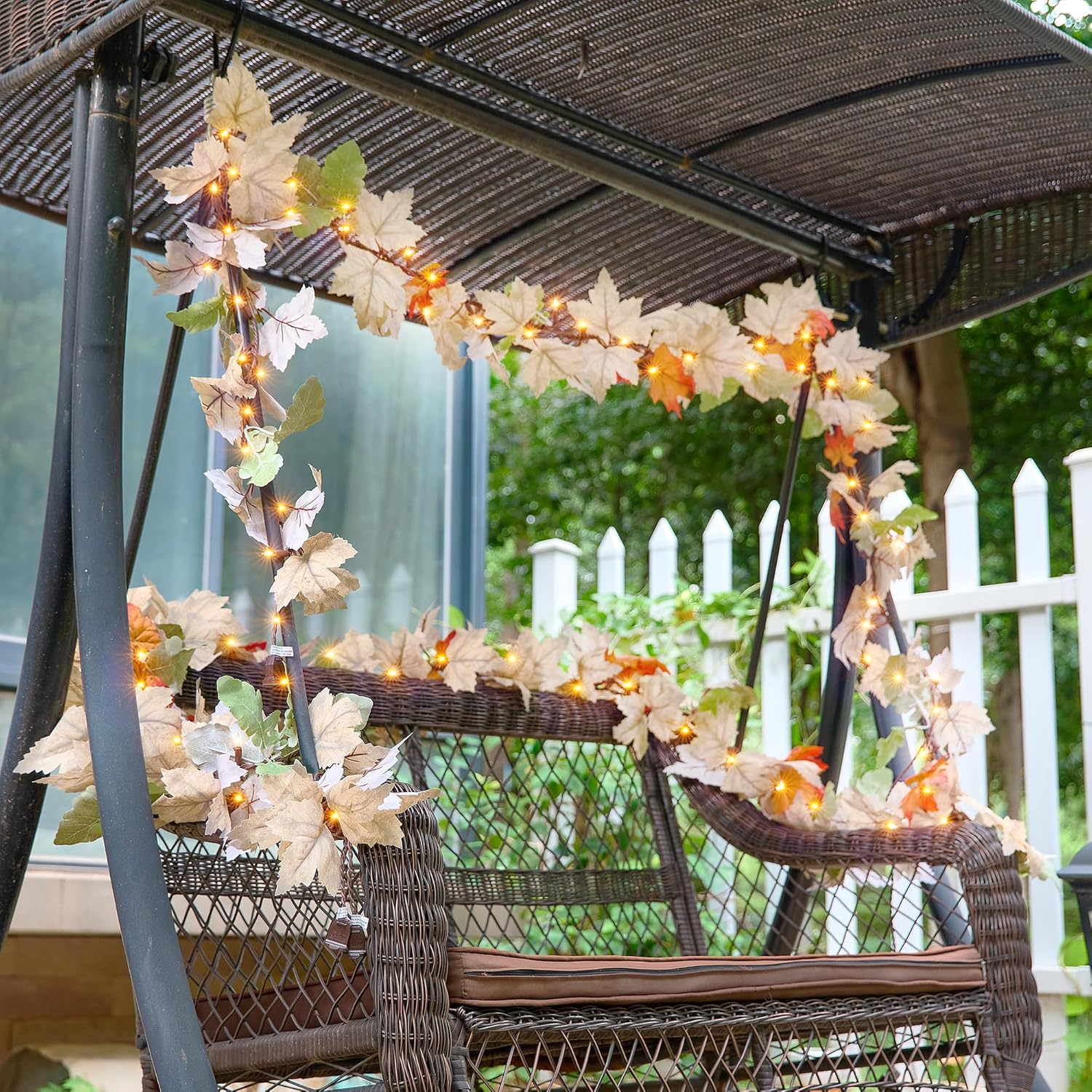 Thanksgiving Garland with Lights 9FT Plug in Thanksgiving Decorations for Home with 50 Warm Incandescent Bulbs UL Certified Connectable Lighted Fall Garland for Indoor Outdoor Harvest Decorations