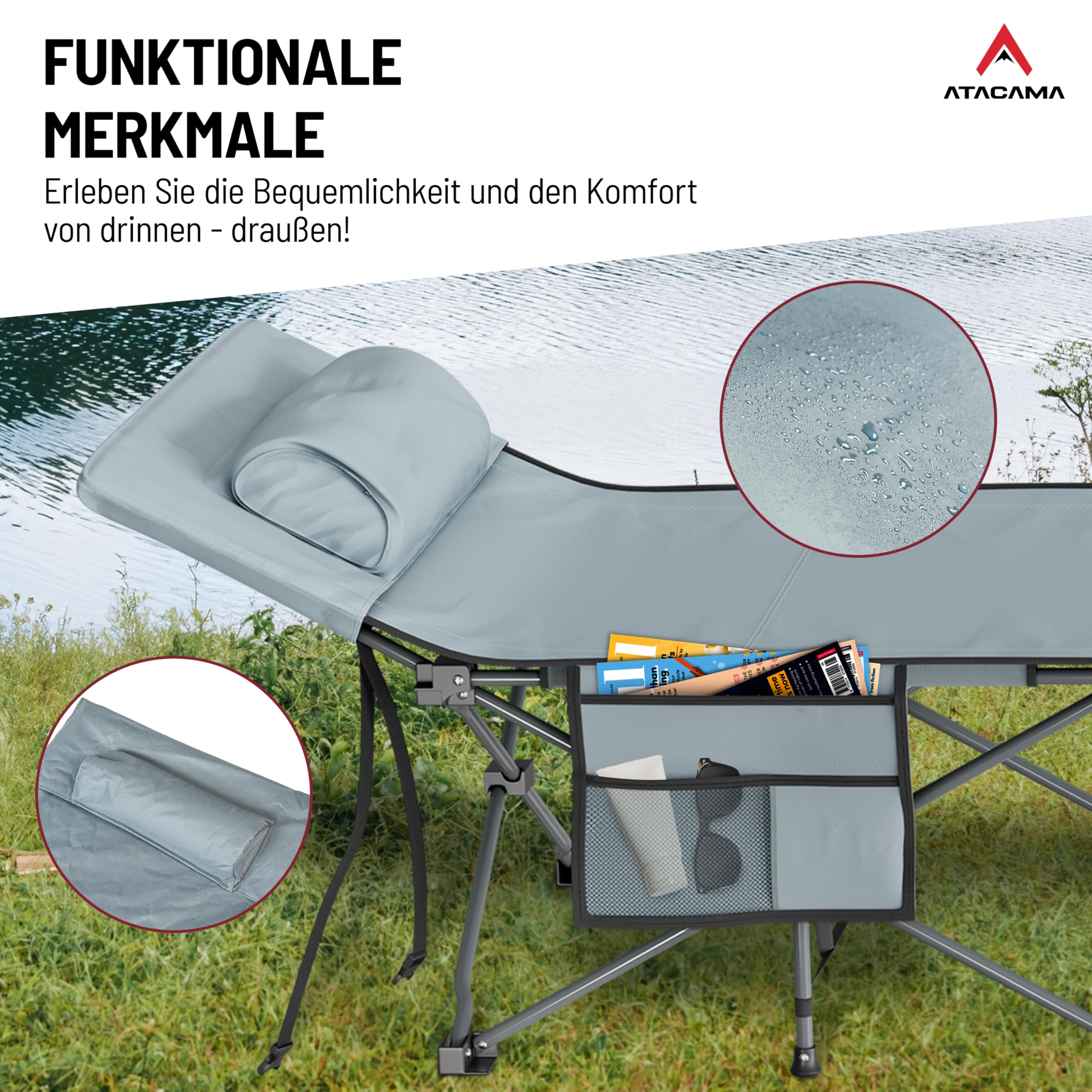 Atacama Feldbett Klappbar, Ultraleichtes Campingbett, Ideal für Outdoor-Abenteuer und Karpfenliege, komfortabel, tragbar Feldbett XXL, 190 x 68 x 38 cm