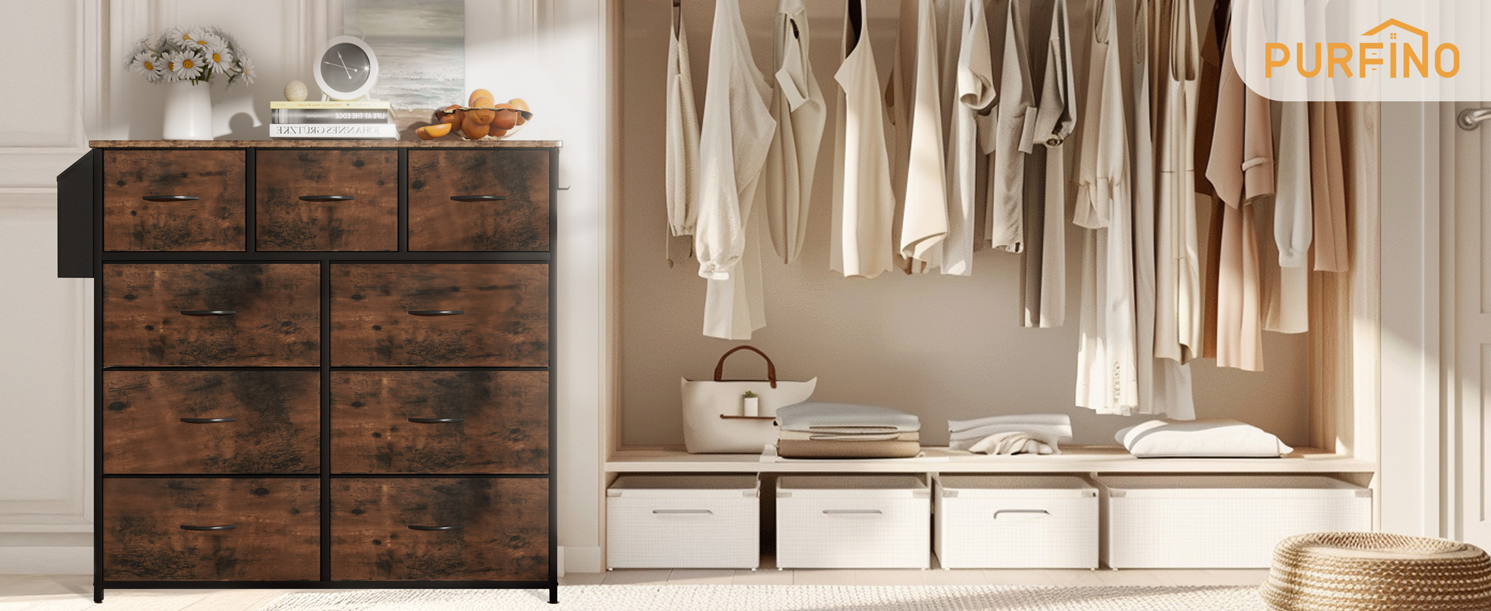 PURFINO 9-Drawer Fabric Storage Unit With Labels - Canvas Chest For Living Room, Bedroom & Hallway-596919
