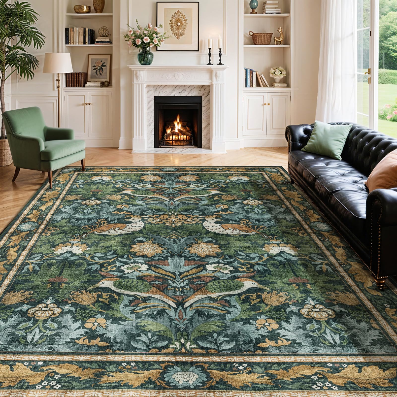 Washable Floral Bird Rugs - Vintage Botanical 8x10 Area Rugs for Living Room, Low-Pile, Stain-Resistant Rugs Non-Slip for Bedroom Under Bed,Large Soft Dining Room Decor Carpet, Green