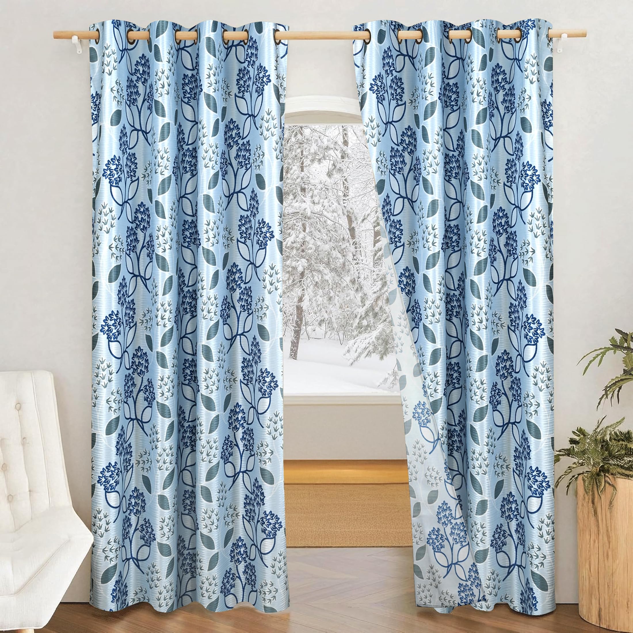 Amazon Brand - Solimo Polyester 75% Blackout Floral Print Door Curtain Window Curtains|7 Feet|Set of 2|Floral Print Design |for Living Room Kids Room and Bedroom |White & Blue|Light-Filtering