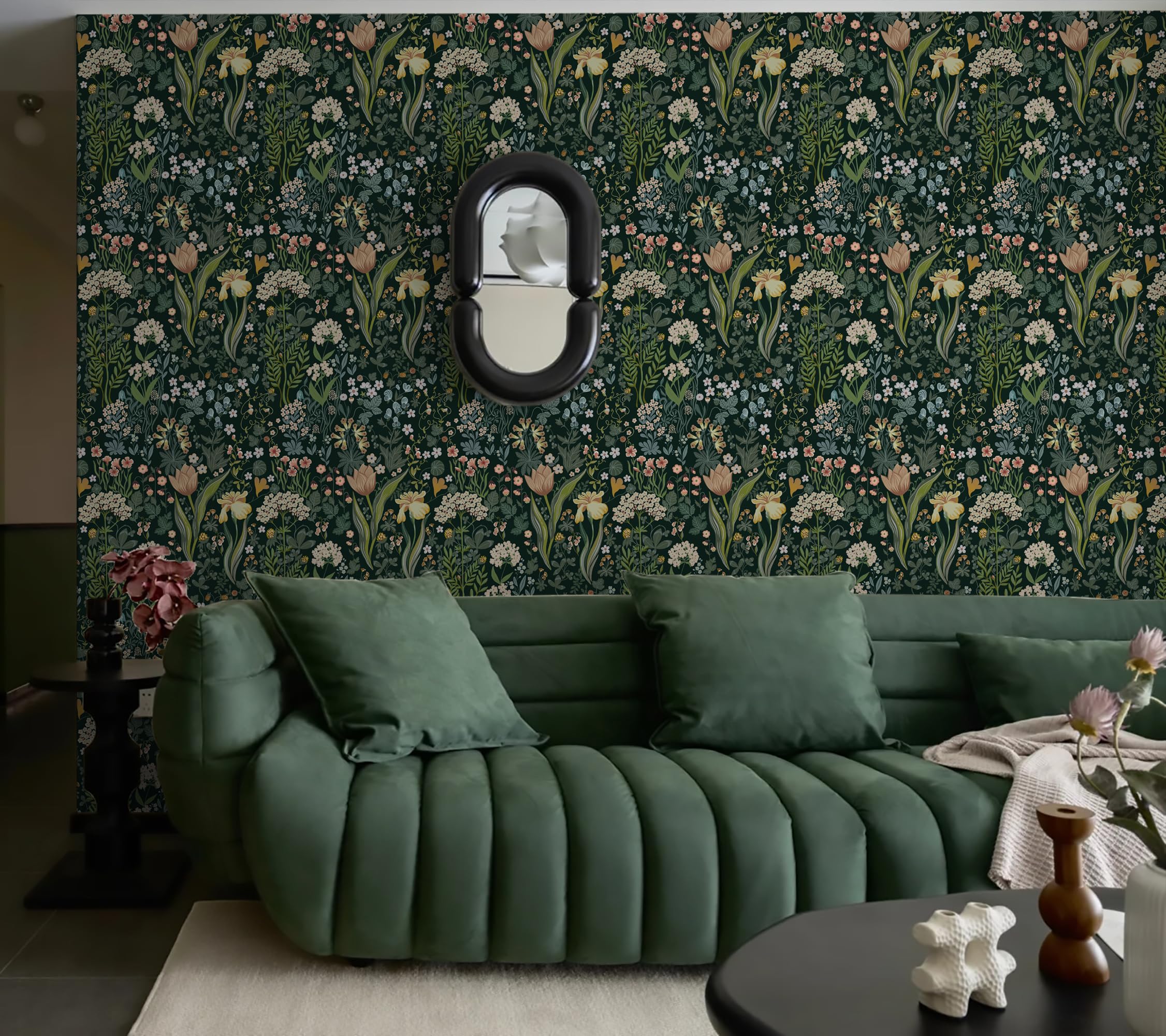LiKiLiKi Samoprzylepna tapeta w kwiaty, 44 x 1000 cm, zielona, tapeta kwiatowa, retro, kwiaty, liście, tapeta z motywem, folia samoprzylepna, tapeta ścienna, wodoszczelna folia do mebli, do sypialni,