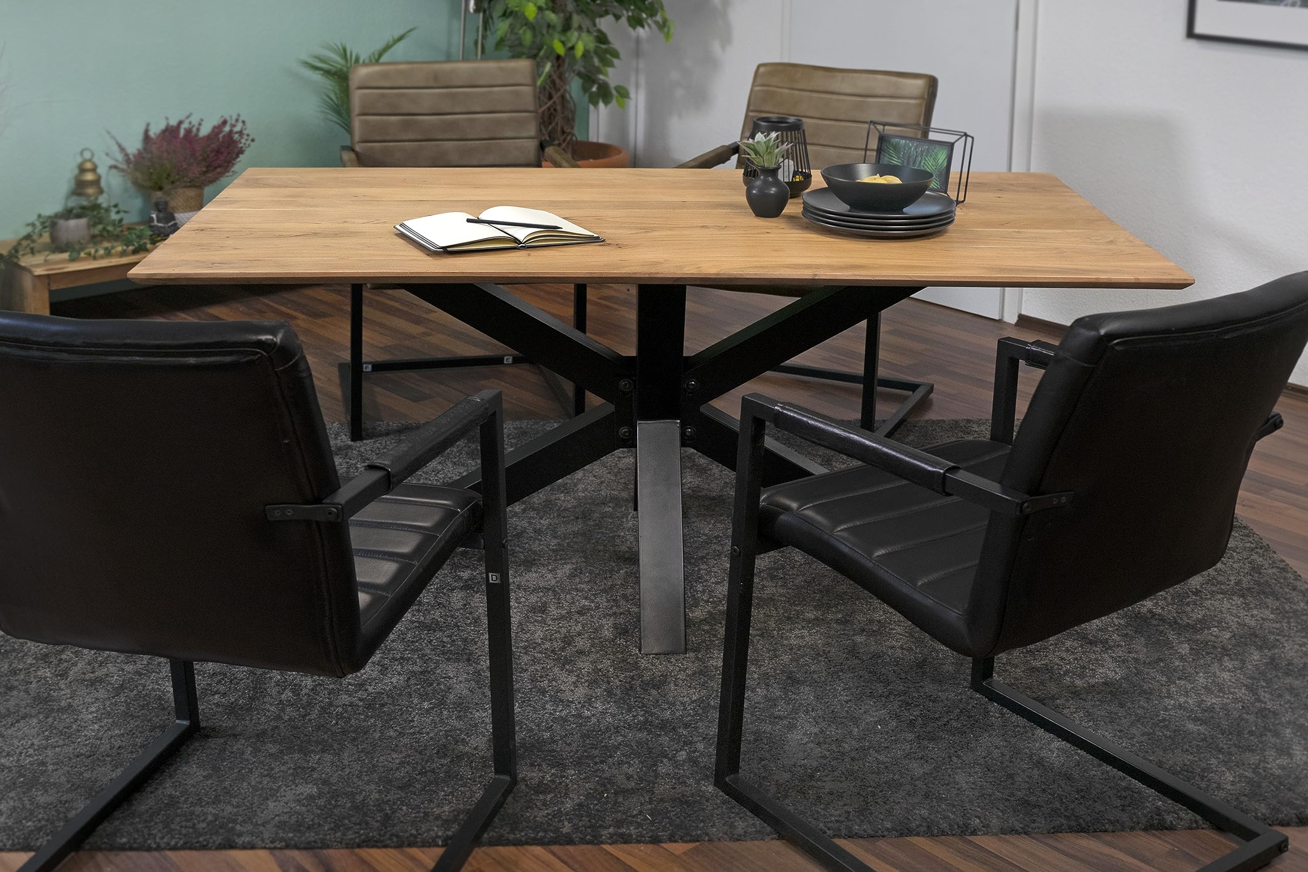 SAM Esstisch Abby 160x85 cm Akazie Natur Schweizer Kante Spider schwarz | massiver Holztisch, Akazienholz naturfarben, 26 mm Tischplatte, Metallgestell, Esszimmertisch