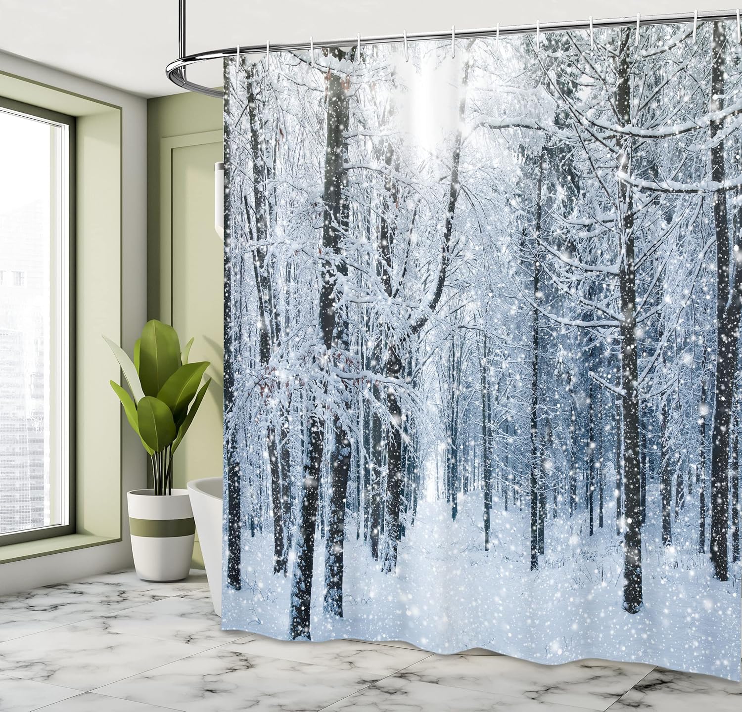 Ambesonne Winter Shower Curtain, Snow Covered Forest Idyllic Early Morning Scenery Seasonal Xmas Nature, Cloth Fabric Bathroom Decor Set with Hooks, 69" W x 70" L, Black White Slate Blue