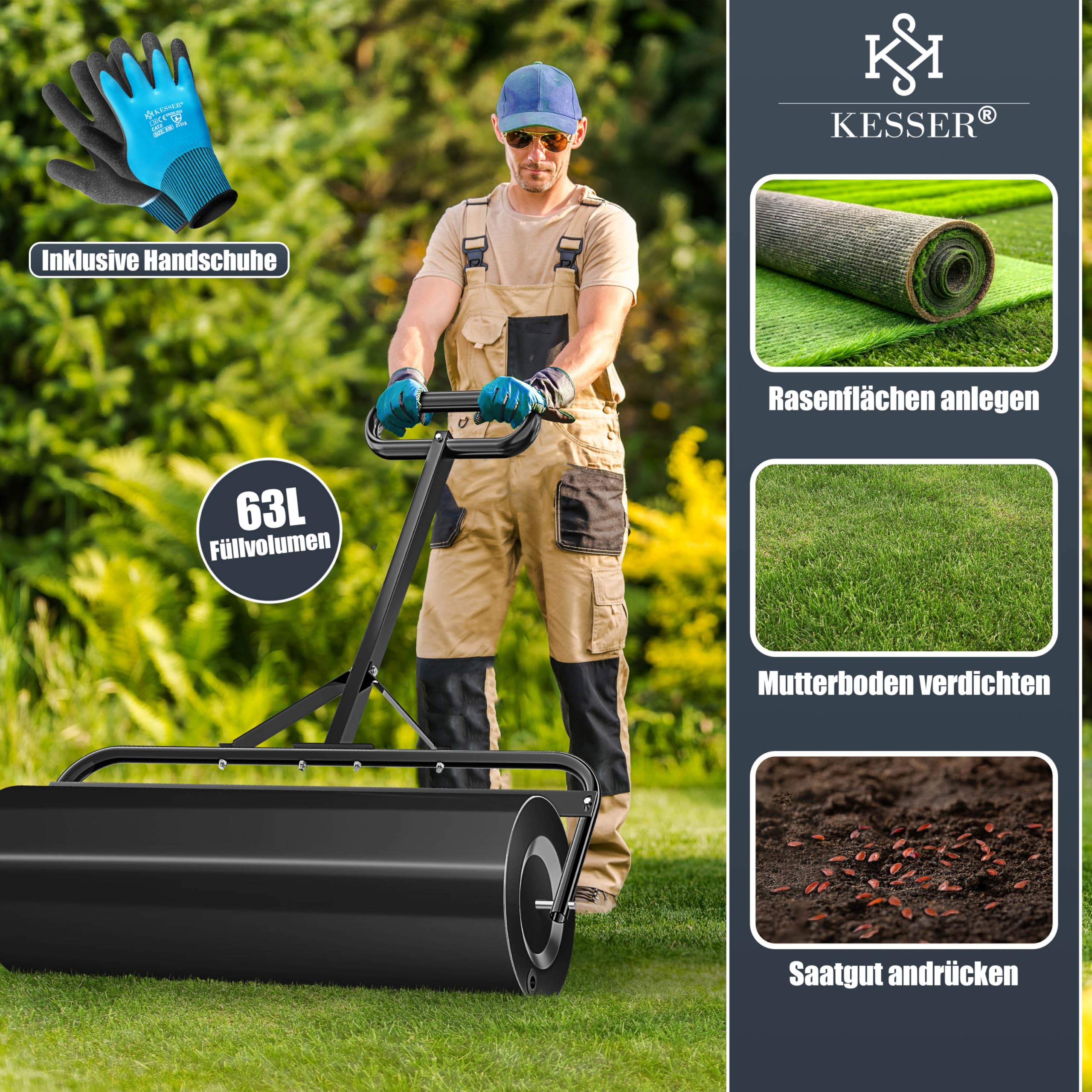 KESSER Rodillo de césped de metal rellenable con agua o arena con 63 litros de volumen y 99 cm de ancho | rodillo de jardín incluye guantes | rodillo manual de césped en negro