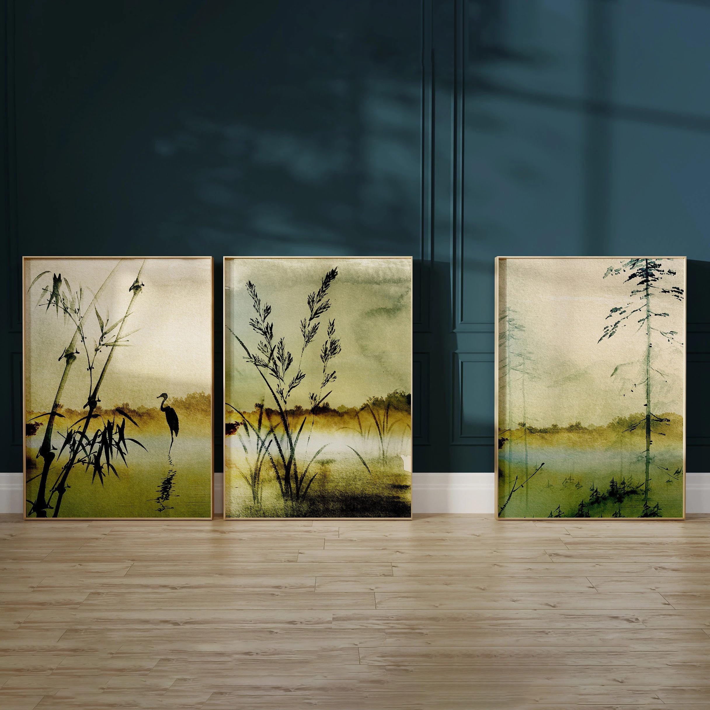 Ltjiajuypd Frameless Wall Art Prints Japanese Art Canvas Prints Decor Mountain Wall Art Minimalist Wall Art Landscape Green Poster(40X55cm-3Pcs)