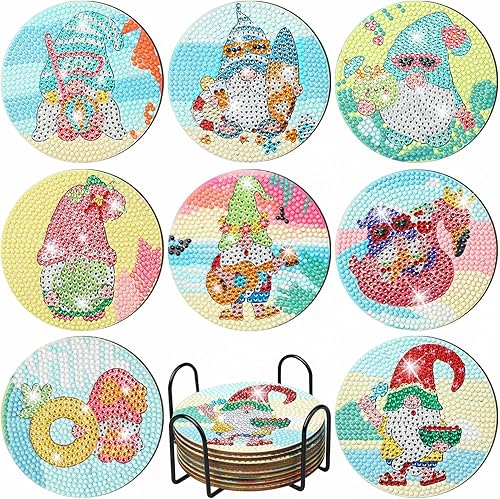 8 posavasos de pintura de diamantes de gnomo hawaiano, posavasos de diamante con soporte, posavasos de pintura de diamante Hawaii para
