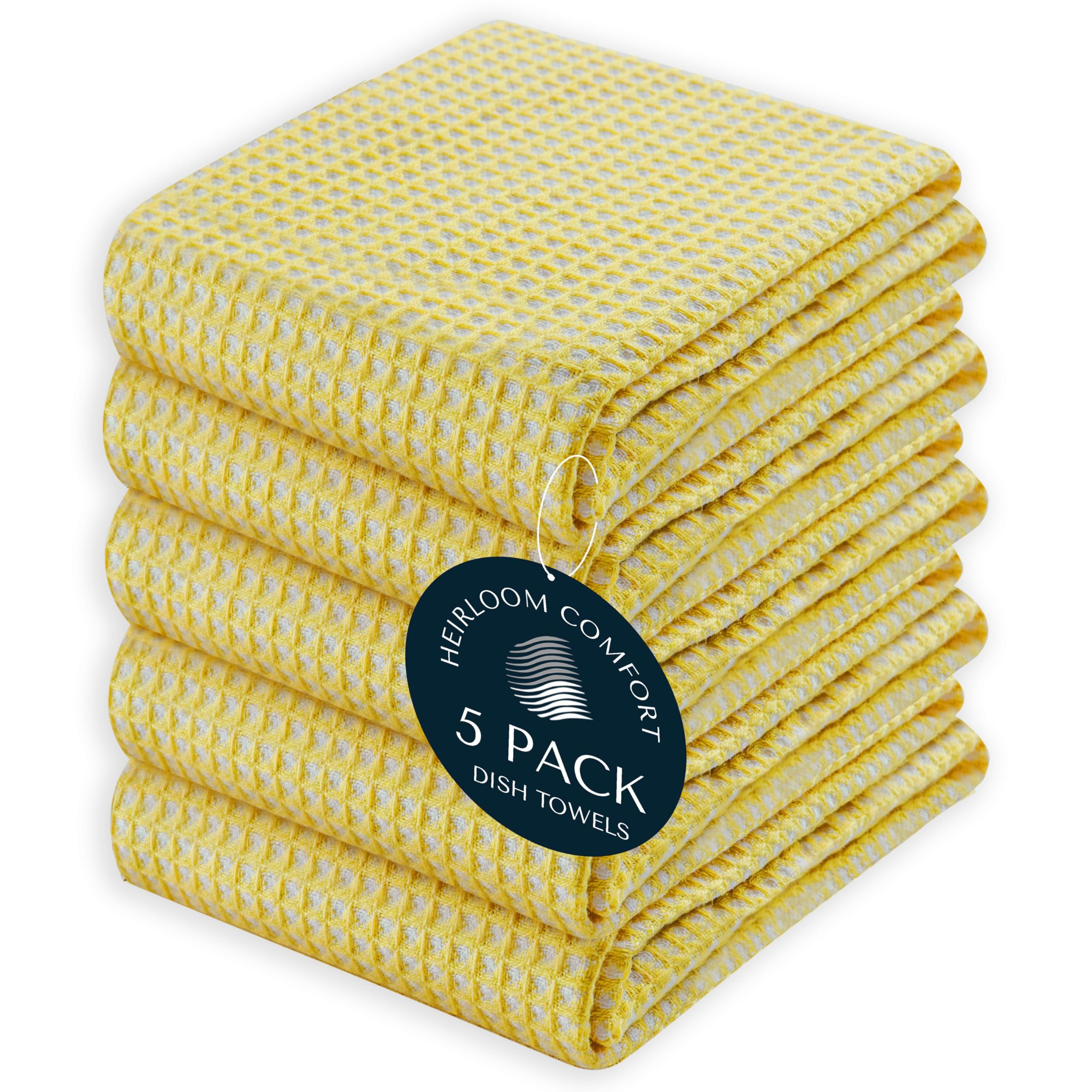 HEIRLOOM COMFORT Dual Waffle Weave Kitchen Towels, 5 Pack, 40x66 cm, 100% Cotton, Reversible, Super Absorbent, Quick Dry, Soft for Cleaning, Durable Dishcloth Set, Hand Towels, Lemon Yellow