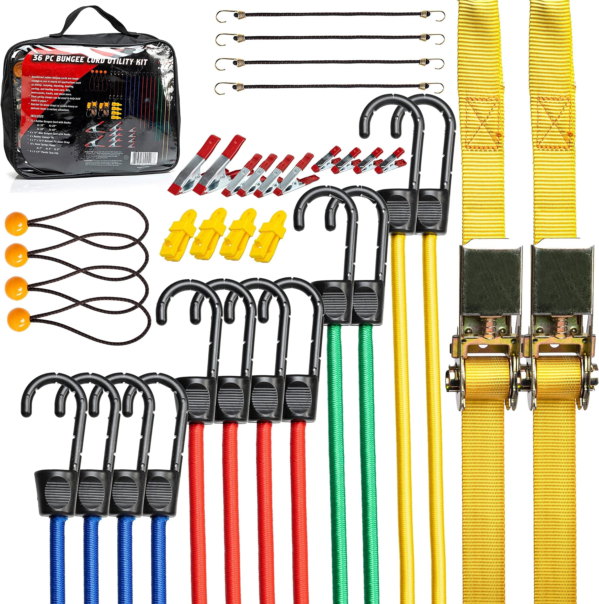 Tooluxe50888L Bungee Cords Kit, 36pc Assorted Bungee Cord Hooks Set, Large & Small Loop Rope with Hooks, Outdoor Canopy Ties, Ratcheting Straps, Steel Spring Clamps, Plastic Alligator Tarp Clips