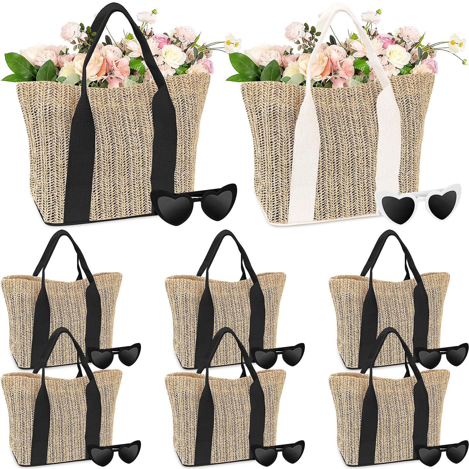 8 Pack Bridesmaid Proposal Tote Bags with Heart Sunglasses, Bulk Party Favor Gift Bags for Women, Reusable Woven Tote Bags for Bridal Shower, Bachelorette Party & Wedding Events,Solid Colors