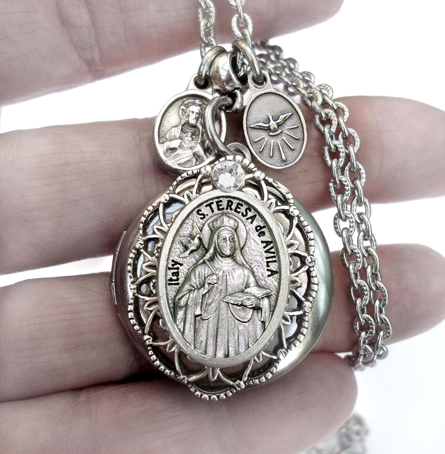 St. Teresa of Avila Locket Necklace, Patron Saint Confirmation Gift, Catholic Devotions Jewelry Gift - Image 2