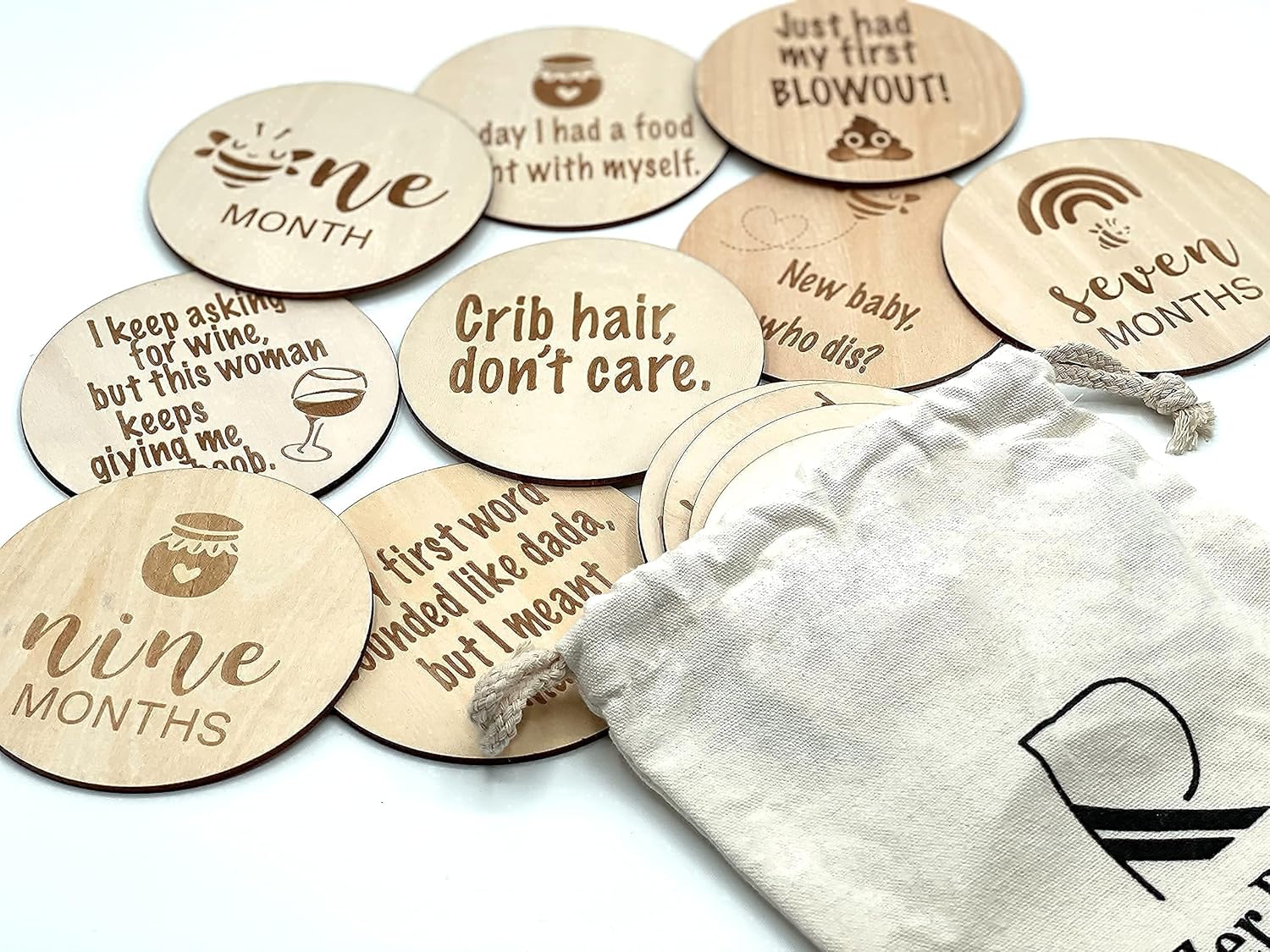 Funny Wooden Monthly Milestone Photo Cards, Baby Announcement Cards, 13 Double Sided Photo Prop Milestone Discs, Baby Registry Search, Light Wood : Baby