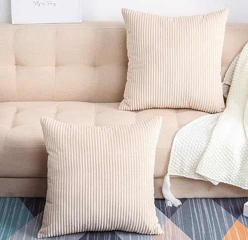 TangDepot, Juego de 2 fundas de almohada decorativas de pana a rayas de terciopelo sólido a rayas (14 x 14 pulgadas, 2 piezas, color azul A05)