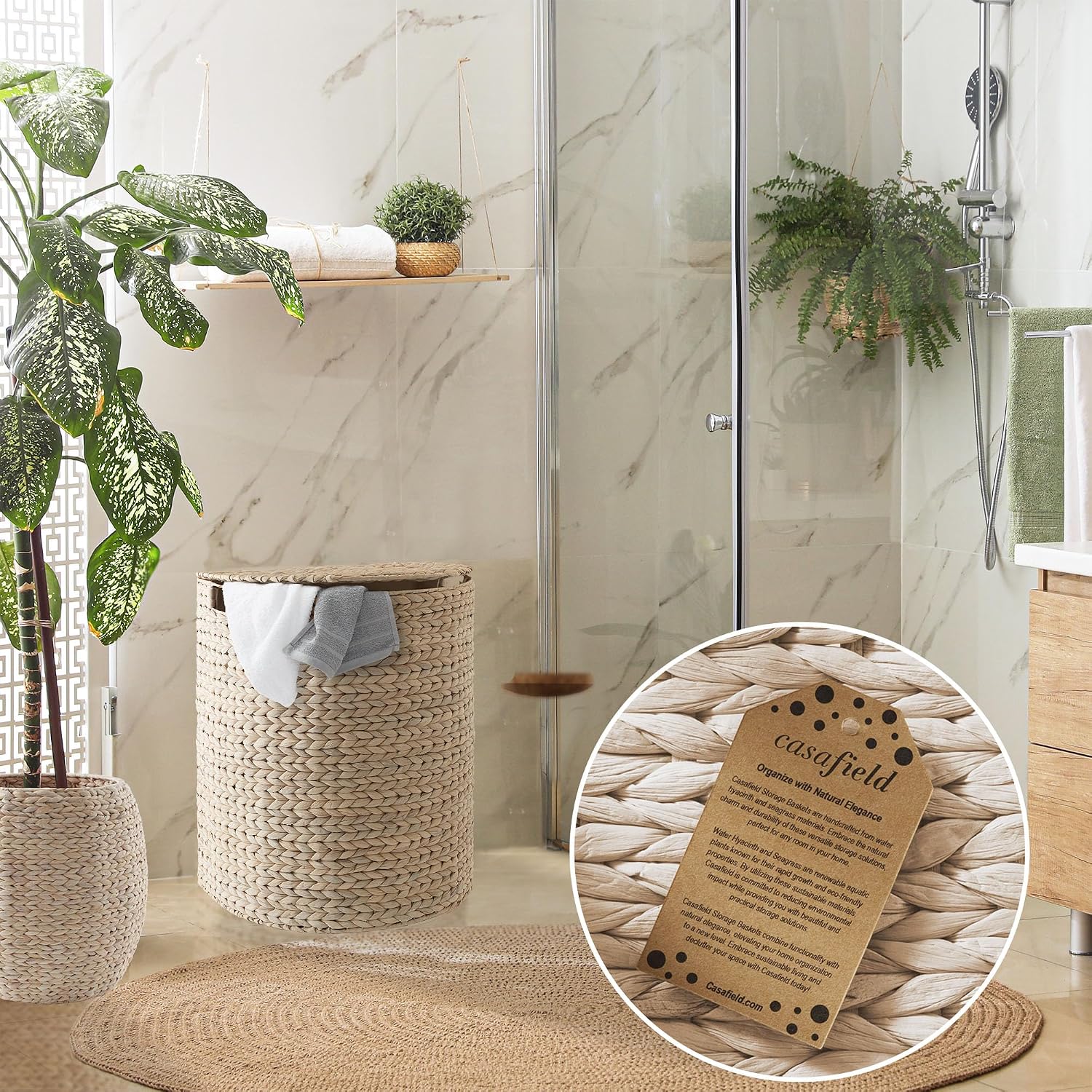 Casafield Half Moon Laundry Hamper with Lid and Removable Liner Bag - Whitewash White Woven Water Hyacinth Laundry Basket for Clothes and Towels thumbnail