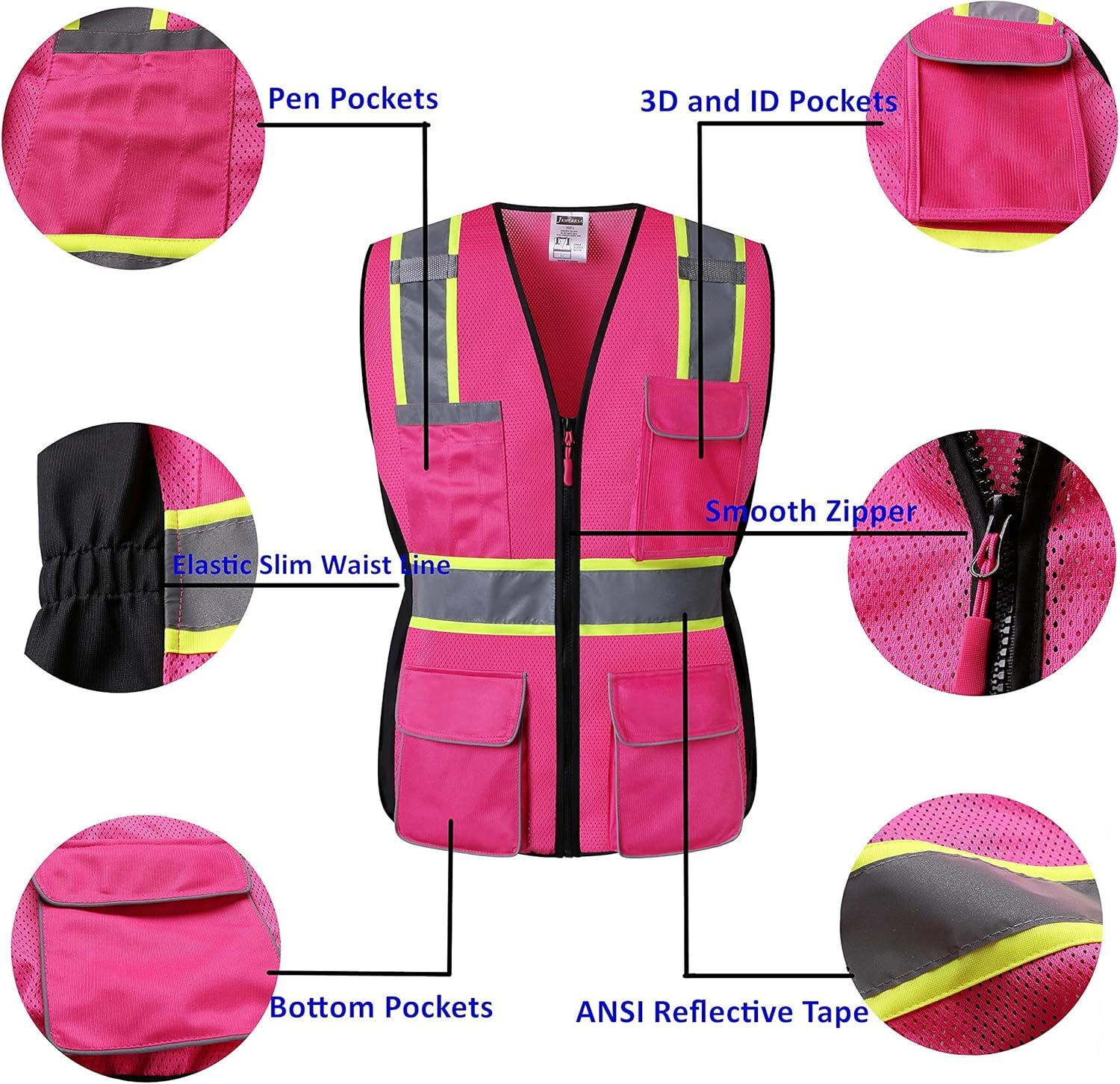 Women Safety Vest, Multi Pockets High Visibility Reflective Breathable Mesh Work Vest For Lady, Durable Zipper - Image 4