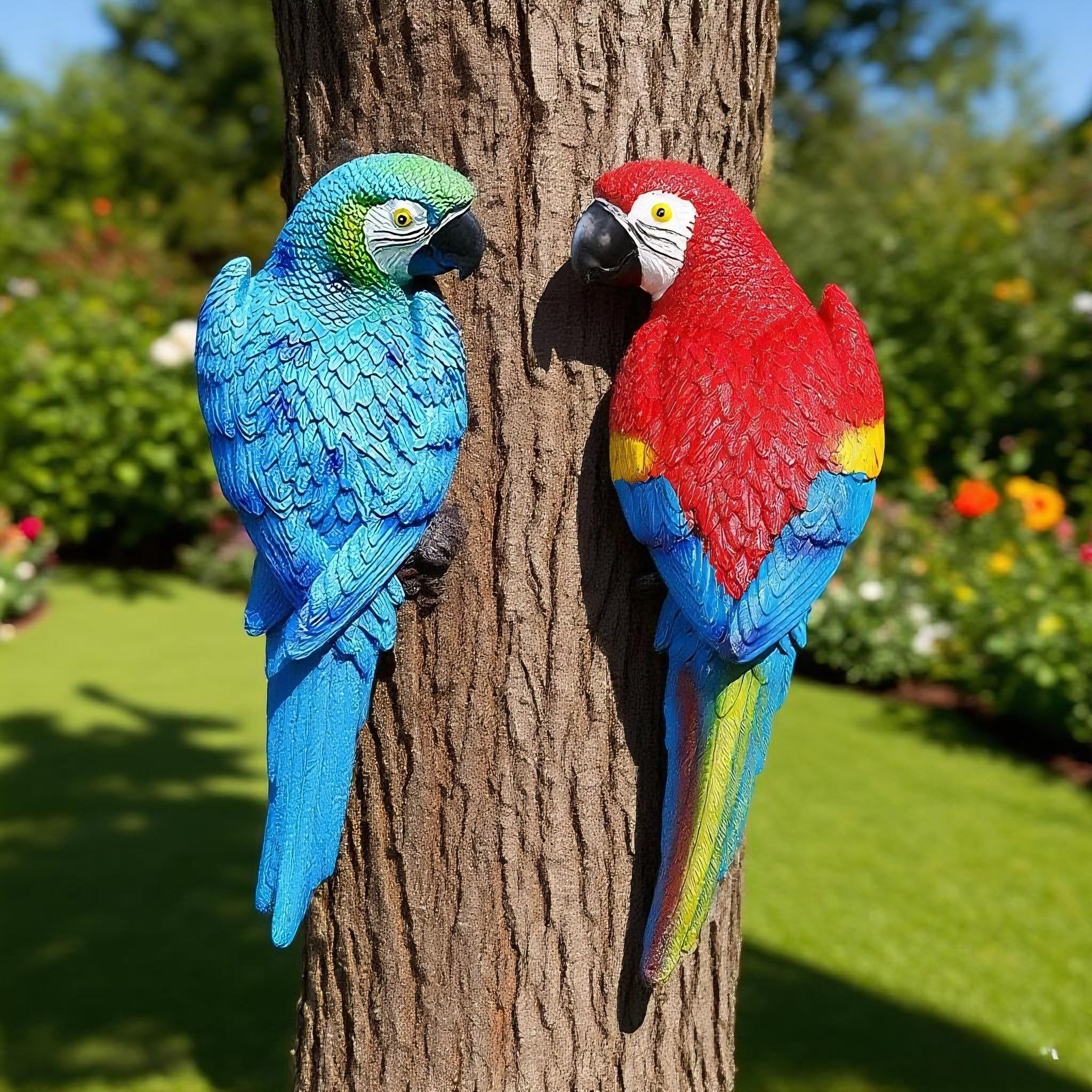 Teaeeno 2Pcs Resin Wall Bird Statue Decor,Real Parrot Sculpture Home Decor,Outdoor Indoor Figurine Ornaments-Garden Tree Sculpture,Resin Animal Statue