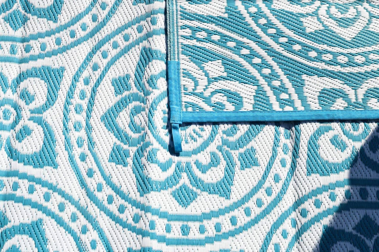Reversible Mats Outdoor Patio Mat – Virgin Polypropylene - Easy to Clean – Perfect for Picnics, Cookouts, Camping, The Beach, and Patio (Boho Design) (8-Feet x 10-Feet, Turquoise/White)