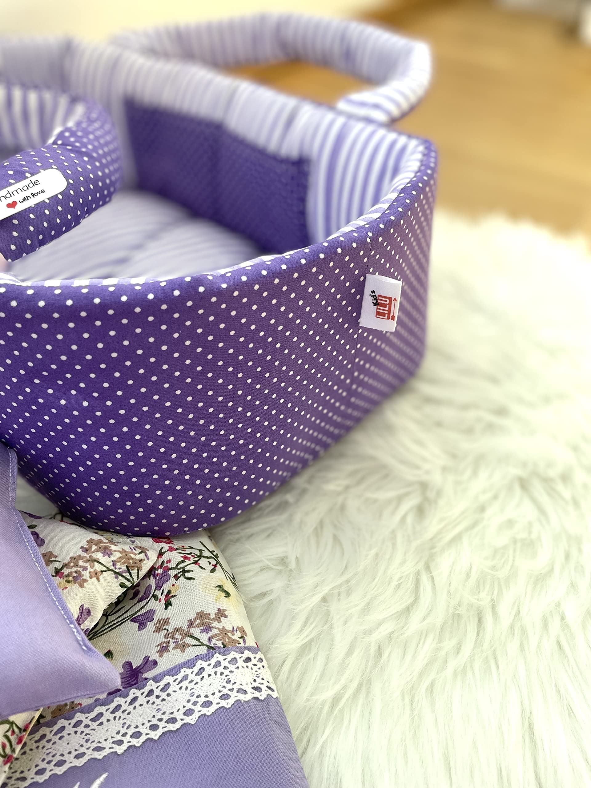 Puppentragetasche für Puppen 30-35cm mit Bettwäsche, Lila, Personalisierung, Waschbar