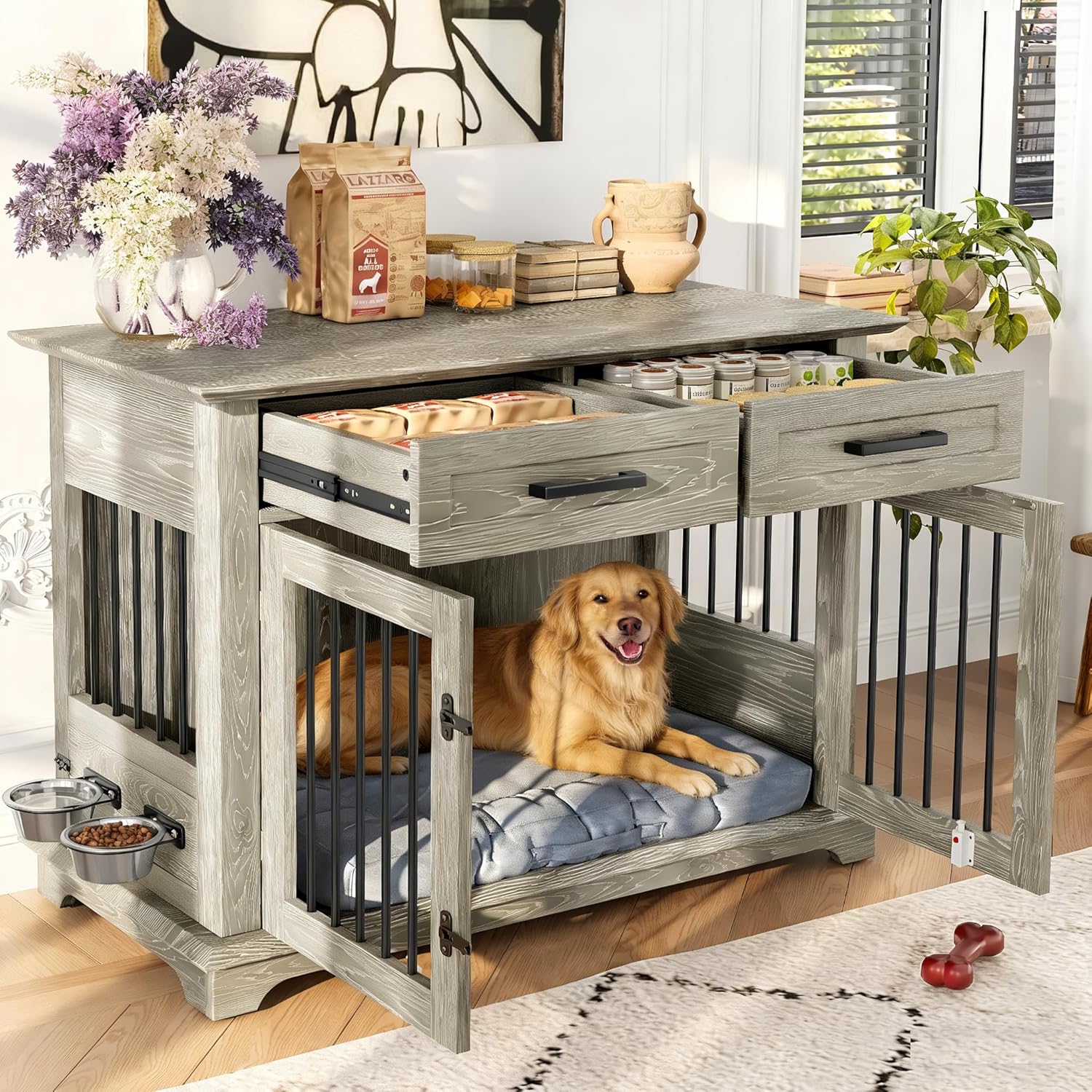 44.48" Furniture Dog Crates for Medium/Large Dogs,Wooden & Steel Decorative Dog Kennel Furniture with with 2 Storage Drawers and Rotating Bowls,Indoor Pet House Cage End Tables (Gray, 44.48 Inch)