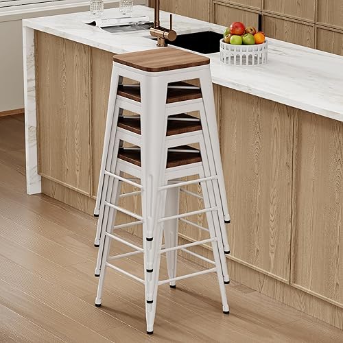 Miniatura 34 de Changjie Furniture Juego de 4 taburetes de bar con asiento de madera, taburetes de bar sin espalda, taburetes de bar industriales de altura de