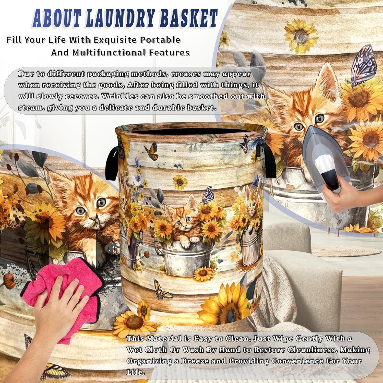 Cats Laundry Hamper Oxford Cloth Sunflowers Animal Cats Laundry Basket With Handle Portable Clothes Storage Basket Foldable Funny Laundry Bag 18.9"x16.5" For Laundry Room/Bedroom/Bathrooms