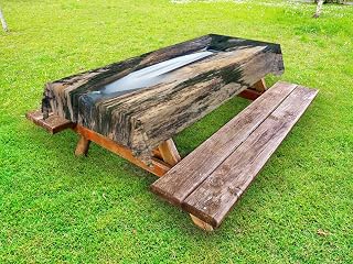 Ambesonne Wyoming Outdoor Tablecloth, Grand Canyon of Yellowstone Outdoor Scene of Waterfall, Decorative Washable Picnic Table Cloth, 58" X 120", Dark Sand Brown Hunter Green and White