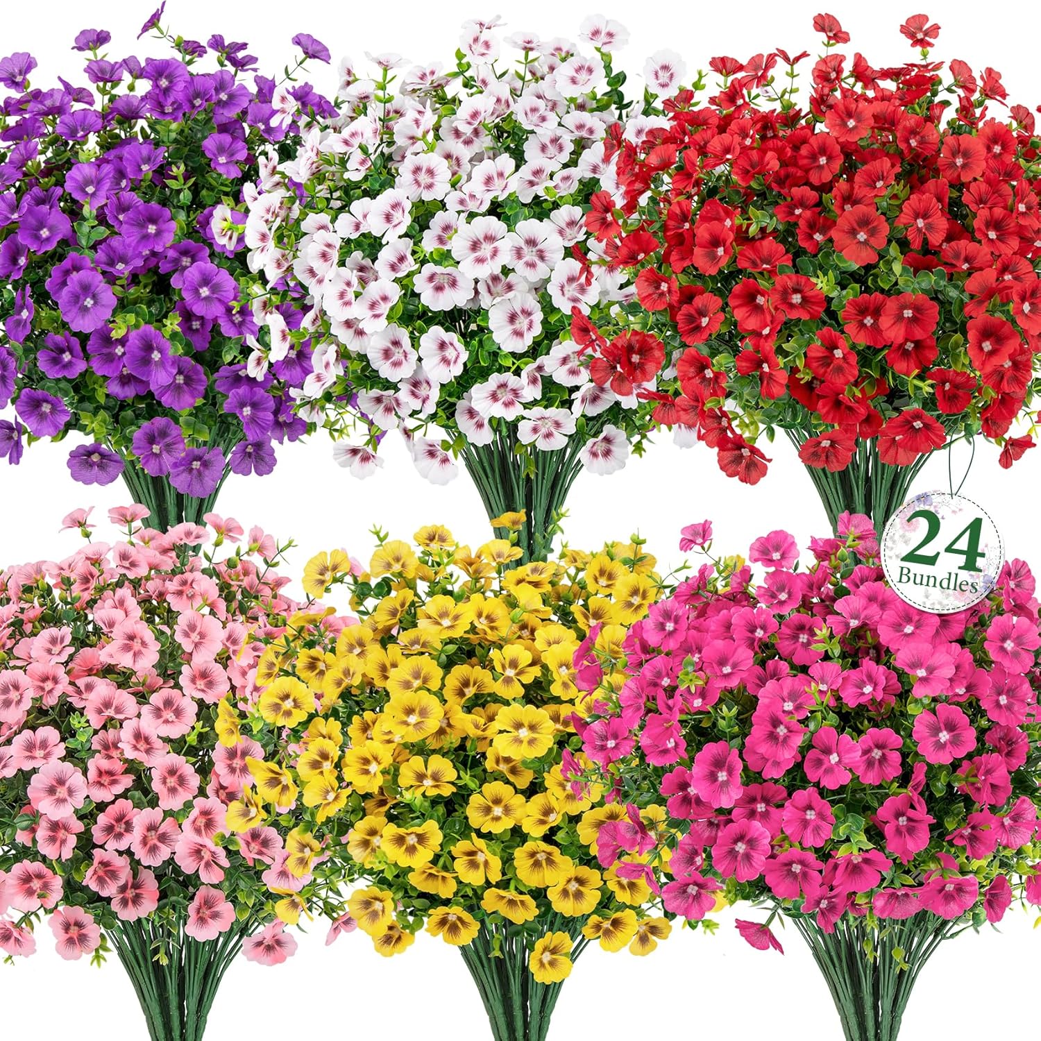 Ouddy Decor 24 Bundles Artificial Flowers for Outdoors, Fake Silk Flowers UV Resistant Faux Plastic Plants for Planters Vase Table Porch Patio Garden Spring Summer Indoor Outdoor Home Decor, Mixed