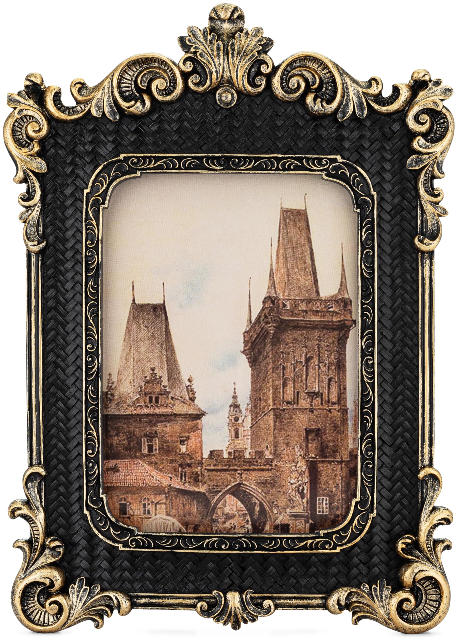 olden days 5x7 picture frame - gothic vintage european design, antique baroque style photo frame for wall hanging, tabletop display, and home decor (black)