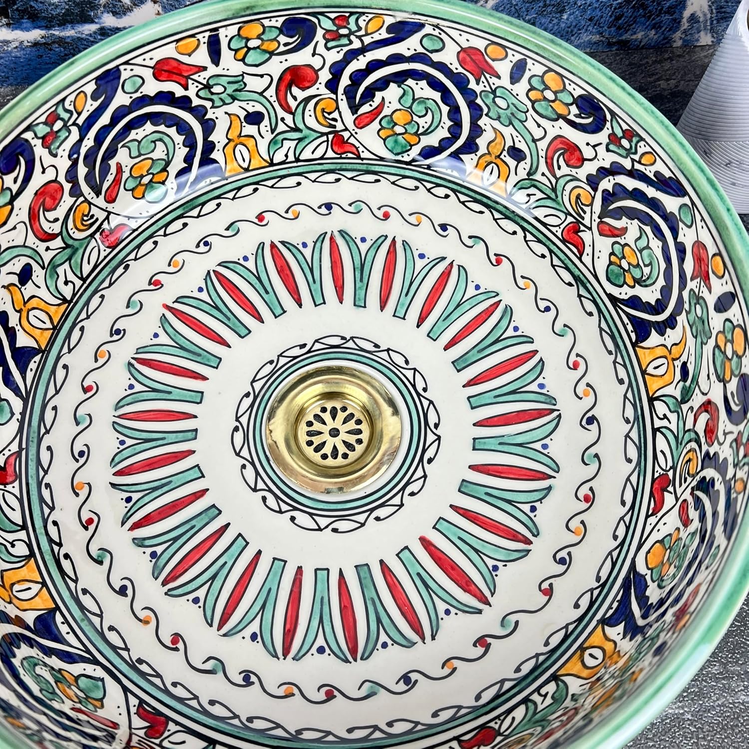 Moroccan Style Ceramic Vessel Sink - Hand-Painted Round Bathroom Basin - Multicolor Floral Boho Design - Above Counter Installation (Pink, 8in = 20cm)