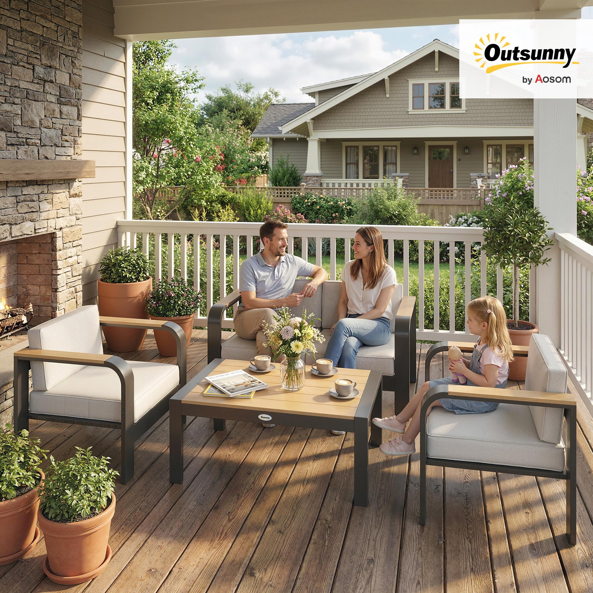 Outsunny Gartenmöbel Set Aluminium für 4 Personen Wasserabweisend Beige | Sitzgruppe, Extra Tiefe Gartenlounge Outdoor, 2er Sofa, 2 Sessel, Beistelltisch, Balkonmöbel, Terrassenmöbel