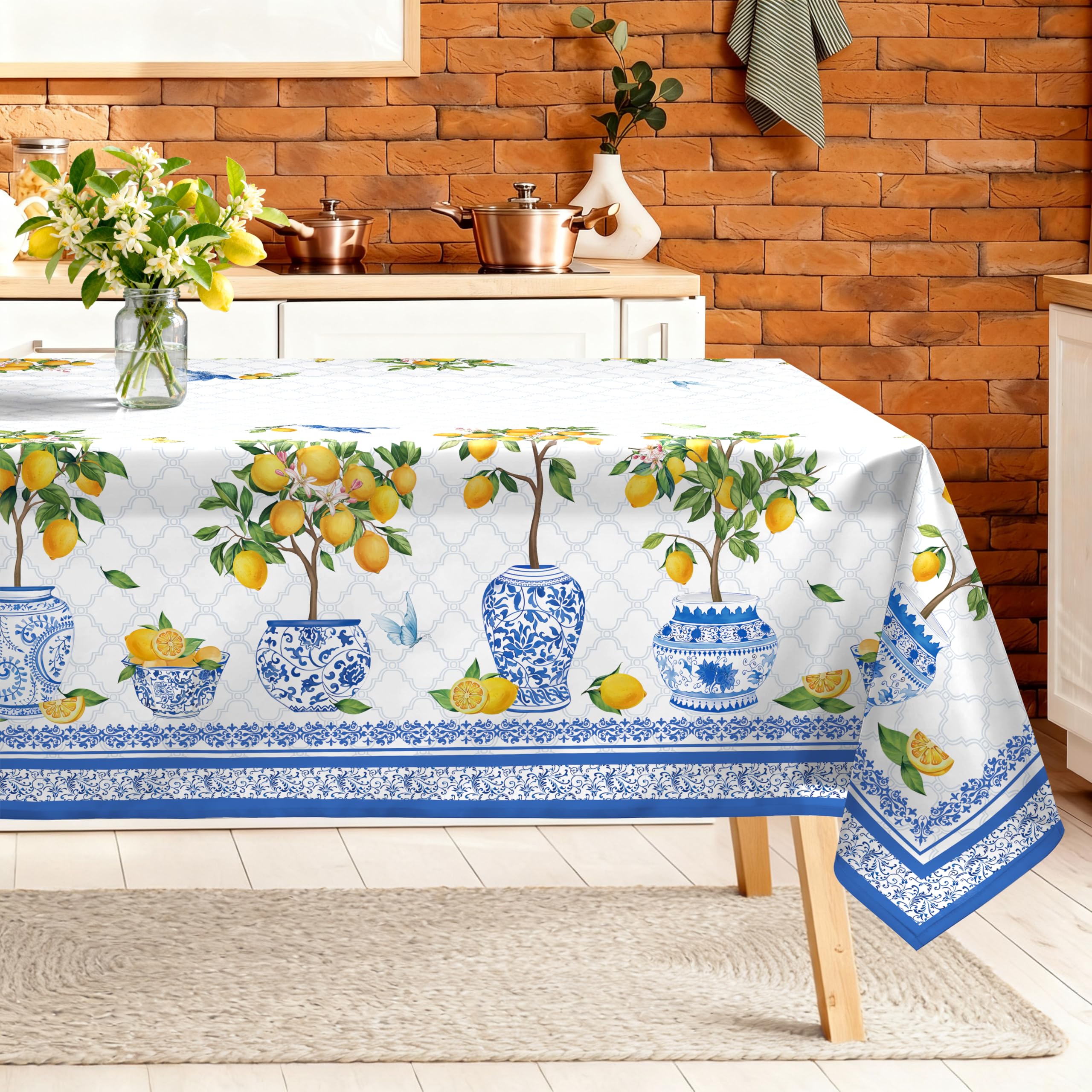 Arquiel Lemon Tree Table Cloth Rectangle Machine Washable Spring Lemons Tablecloth, 140 * 180 cm, Polyester Blue Vase Table Cover for Kitchen Dinner Party Outdoor Decor