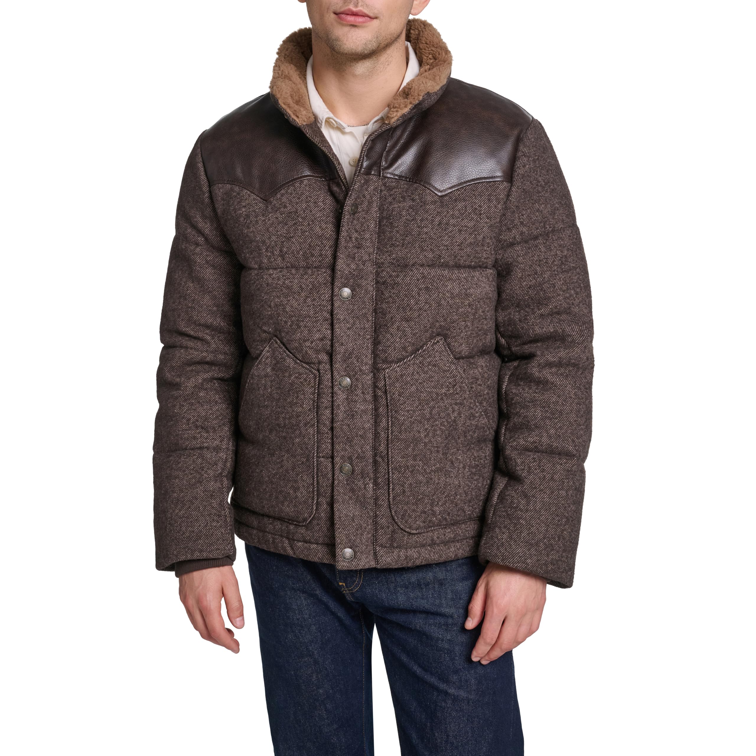 Men's Mixed Media Puffer Jacket With Sherpa-lined Collar