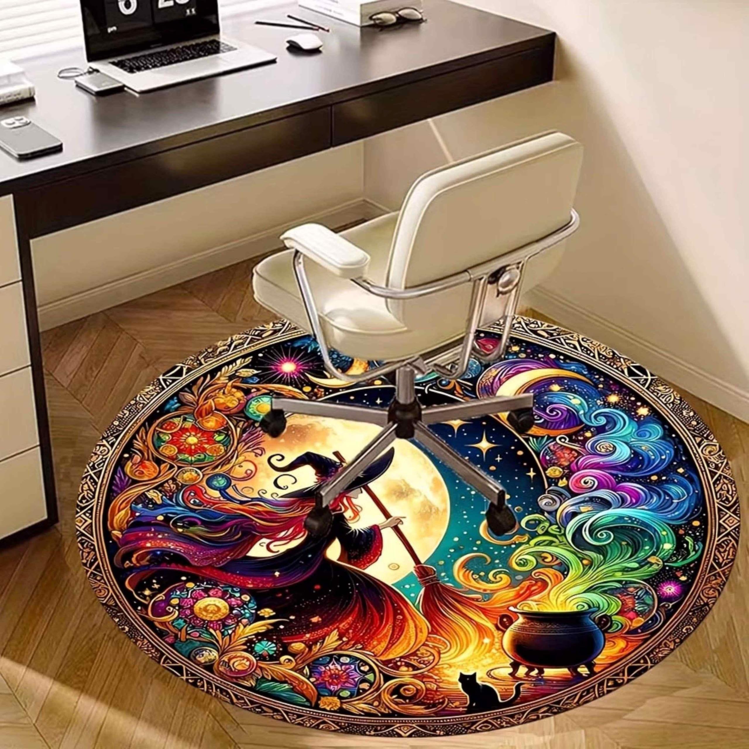 Hexen Runder Teppich Magie Mond Stern Motiv Design, Waschbar Antirutsch Kurzflor Teppich für Wohnzimmer Kinderzimmer Halloween, Dekorativer Rundteppich Farbe 80cm Runde