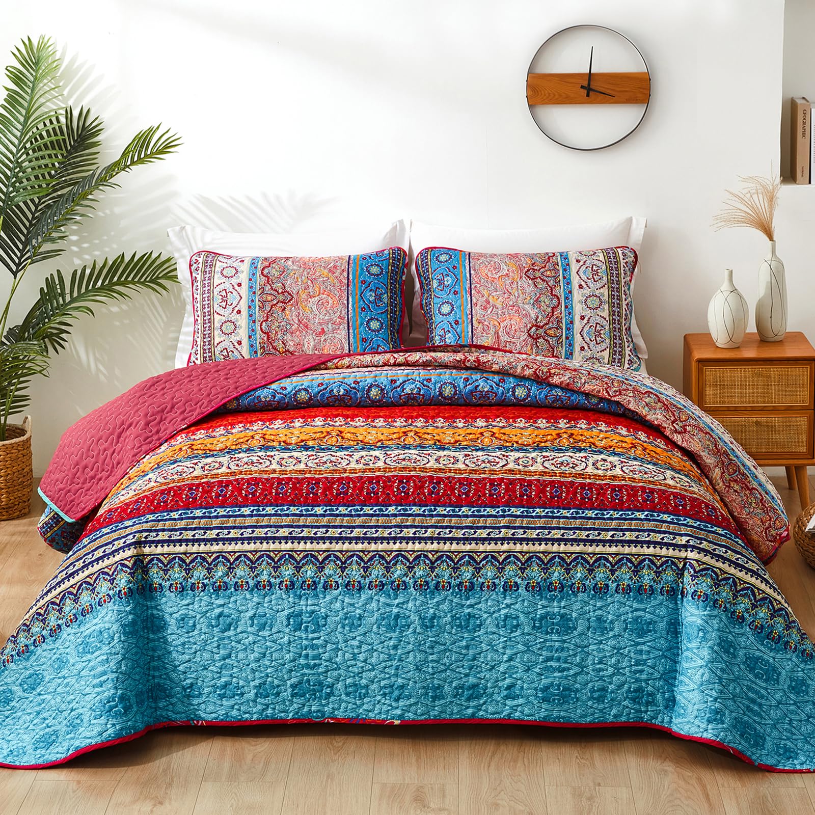 WONGS BEDDING Boho Quilt Set Queen Size, Bohemian Stripe 3 Pieces Christmas Quilts Bedspread Set Lightweight Microfiber All Season Bedding Coverlet Set for Queen Bed (96"x90")