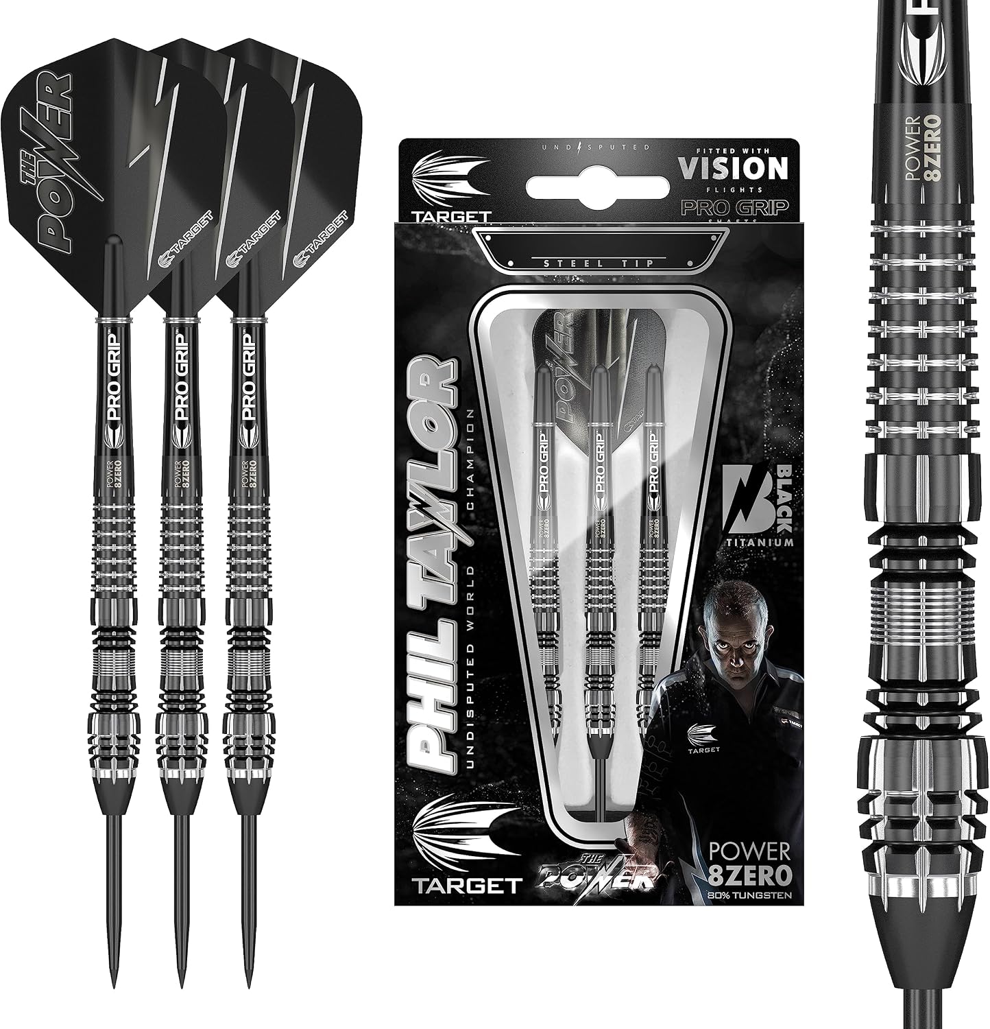 Phil Taylor Power 8-Zero Black P8Z4 80% Tungsten Steel Tip Darts Set
