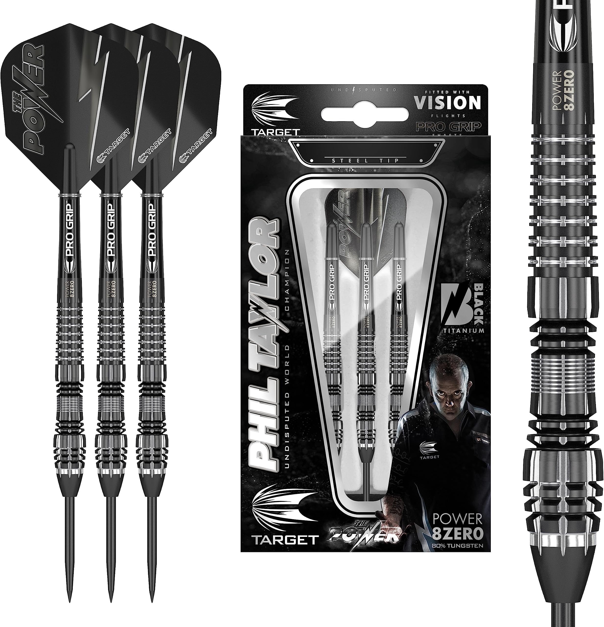 Target Darts Phil Taylor Power 8-Zero 4 Black Steel Tip Darts, 80% Tungsten Dart Set, P8Z4, 21G | Player Edition Darts with Fixed Points | Black Darts Case Included