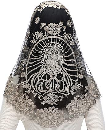 Bozidol Church Mantilla - Catholic Veil With Triangle Holy Virgin Embroidery - Traditional Mass Chapel Veil