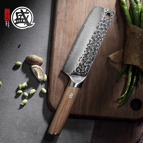 Miniatura 5 de MITSUMOTO SAKARI Cuchillo de chef japonés Nakiri de 7 pulgadas, cuchillo de cocina profesional forjado a mano para verduras, cuchillos de chef