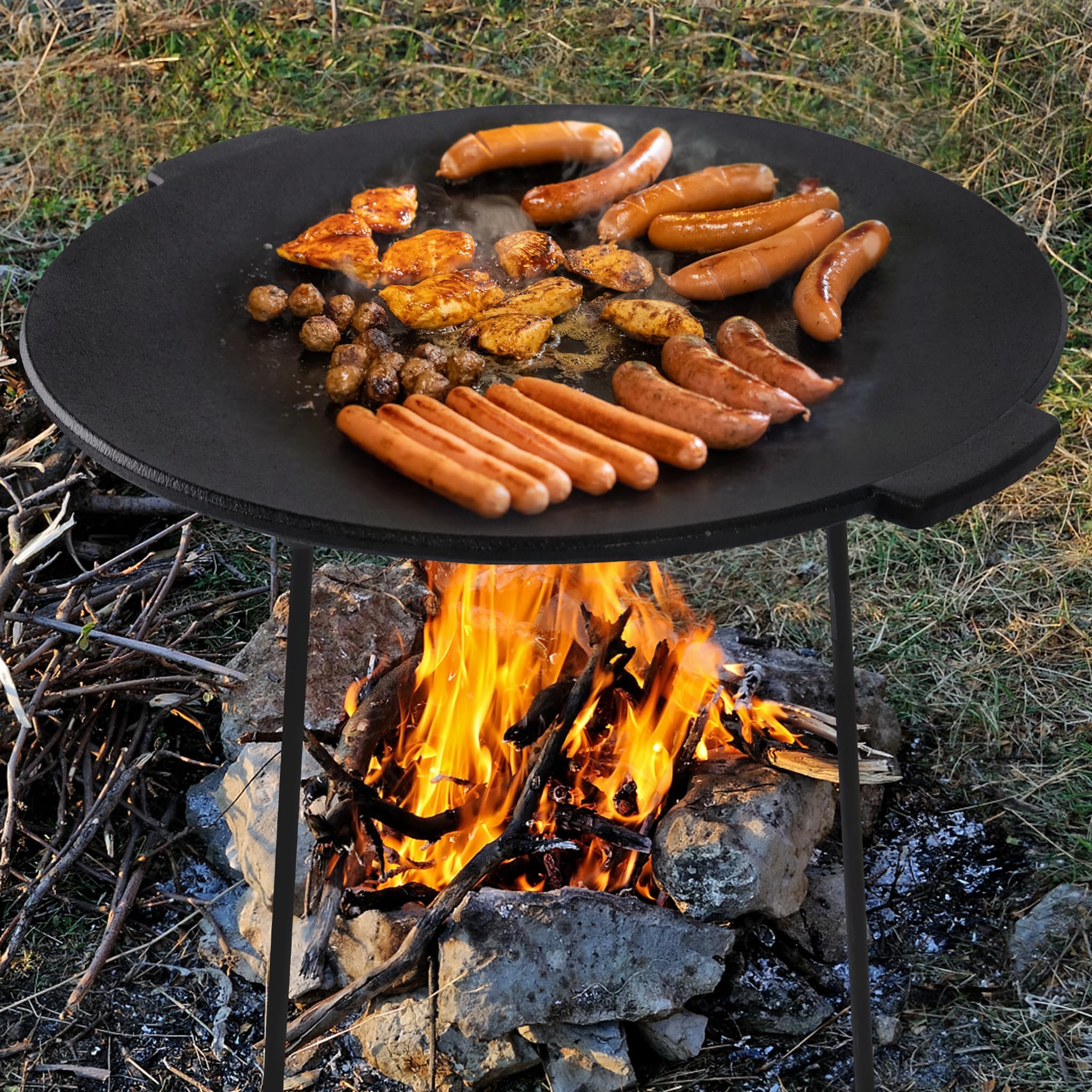 UISEBRT Bistecchiera in ghisa Ø 45 cm, piastra rotonda con 3 gambe, bruciata per una perfetta frittura, supporto olandese con custodia protettiva