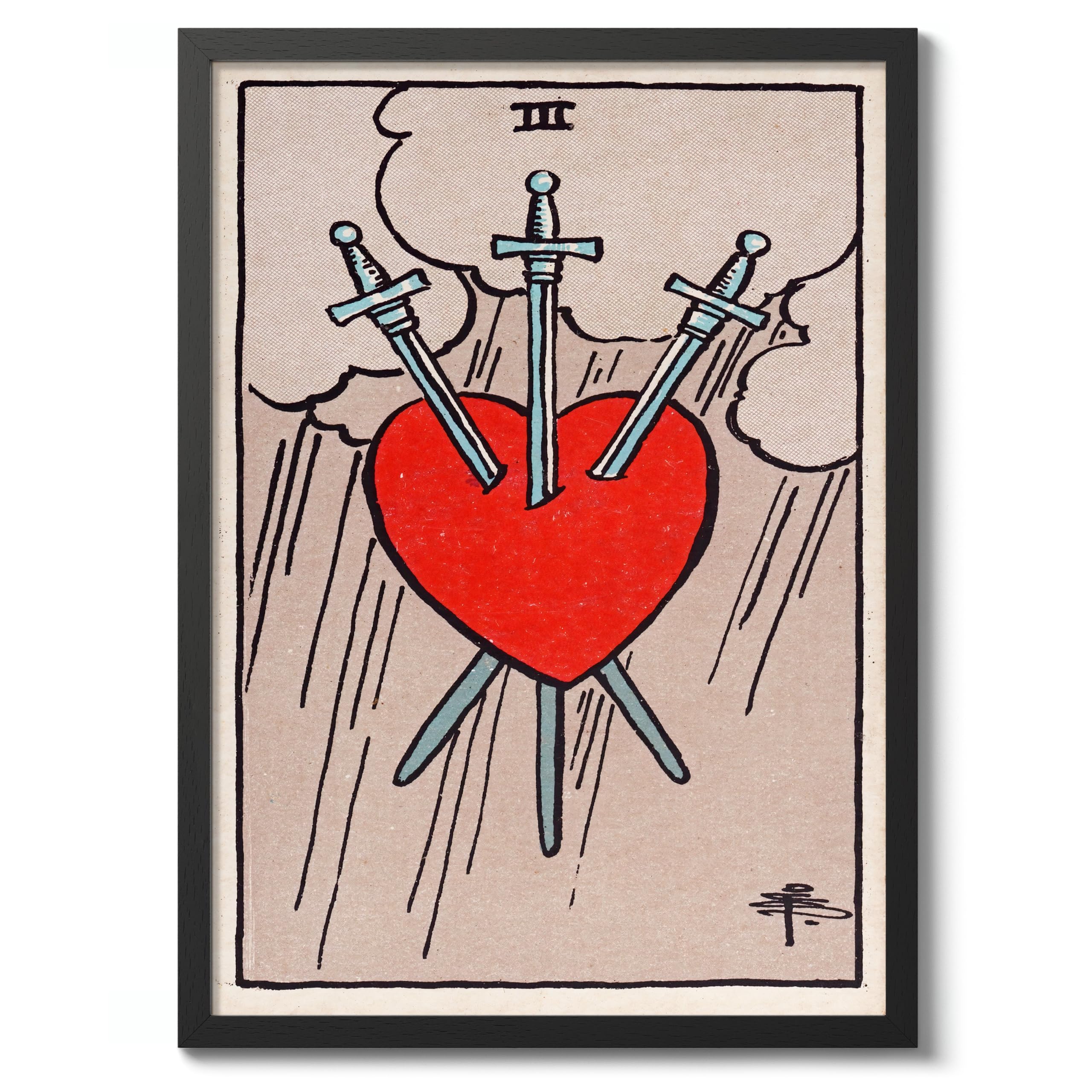 Animato Three Of Swords Vintage Tarot Art Print, Spiritual Wall Art Poster, Retro Mystical Bedroom Home Decor, 50x70cm (Black Frame) - 53x73cm โ image 1