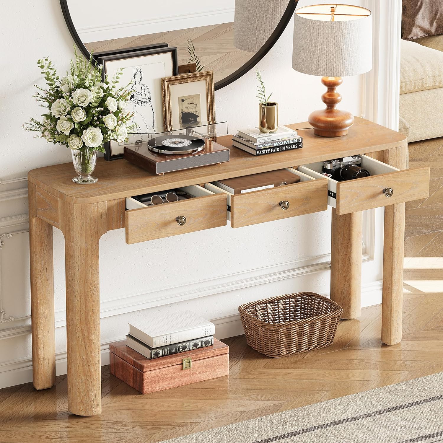 Merax 52" Console Table with 3 Drawers, Rustic Entryway Table with Curved Corners, Narrow Long Sofa Table for Living Room, Hallway, Entrance, Behind Couch, Foyer, Sturdy Thick Legs, Light Oak