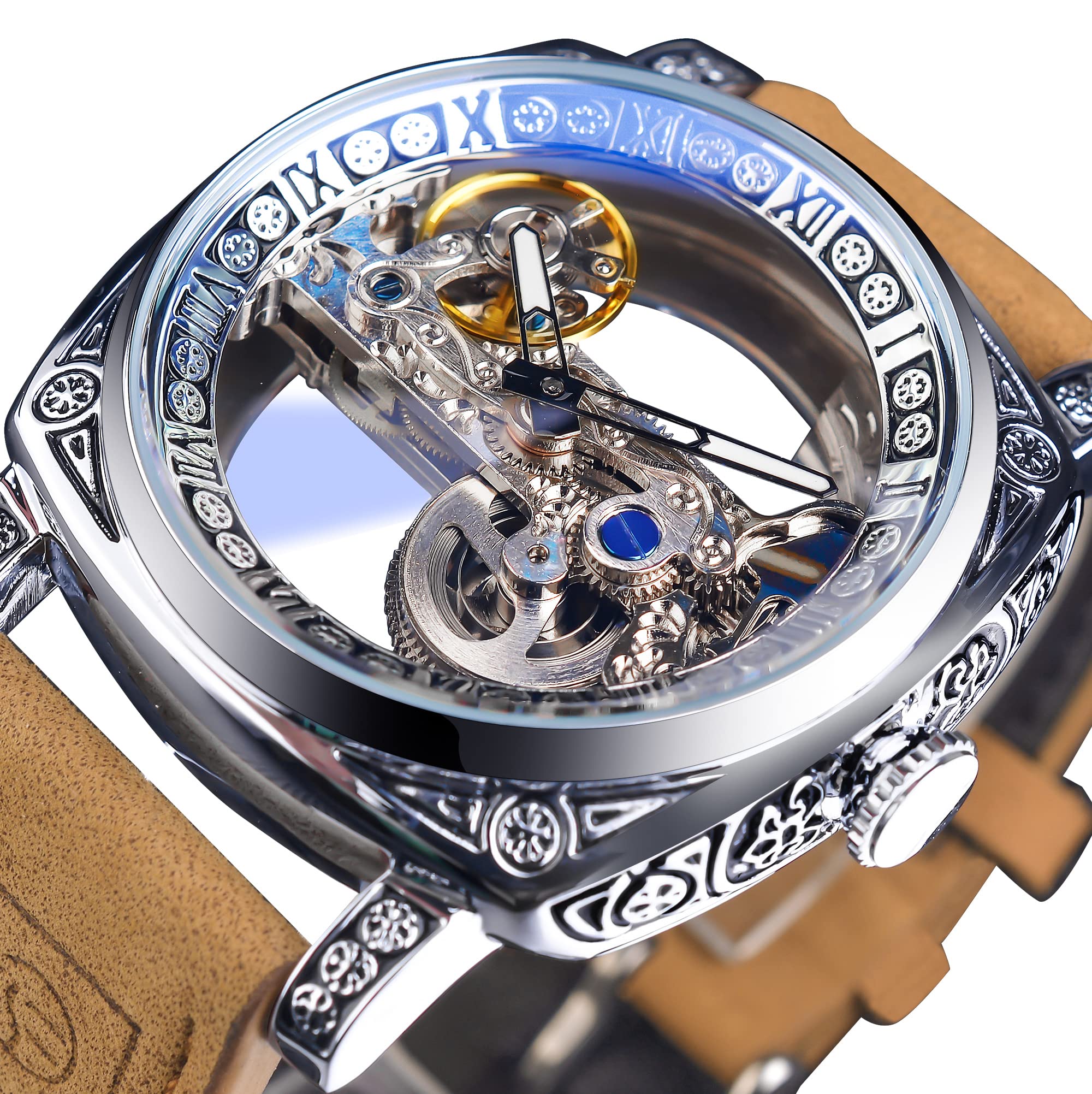 FORSINING Orologio da polso da uomo, alla moda, classico, scheletrato, quadrato, quadrante trasparente, automatico, meccanico, in pelle, luminoso, impermeabile