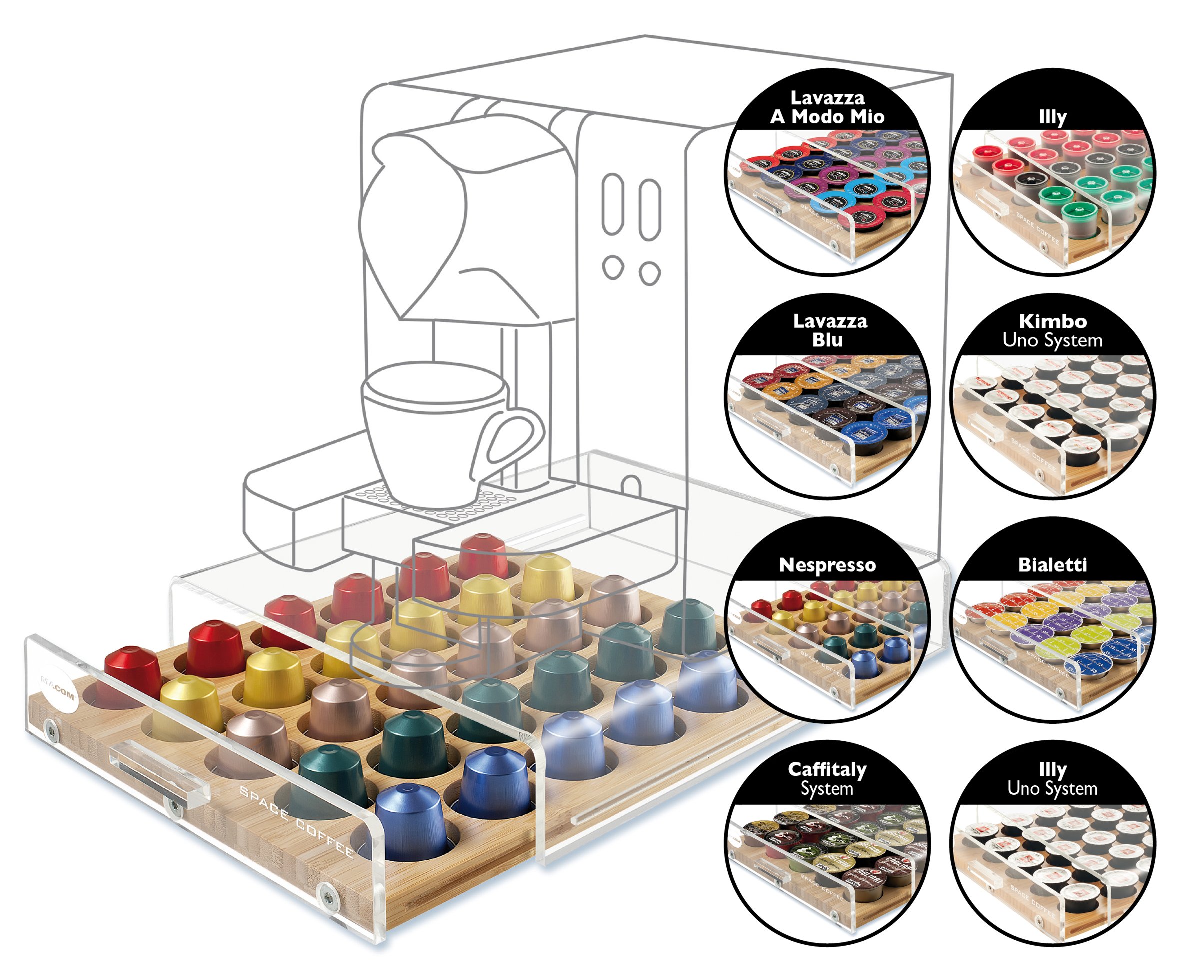 MACOM Just Kitchen 835 Space Coffee Dispenser Portacapsule Universale per Macchine Caffè, 30 capsule, cassetto in legno
